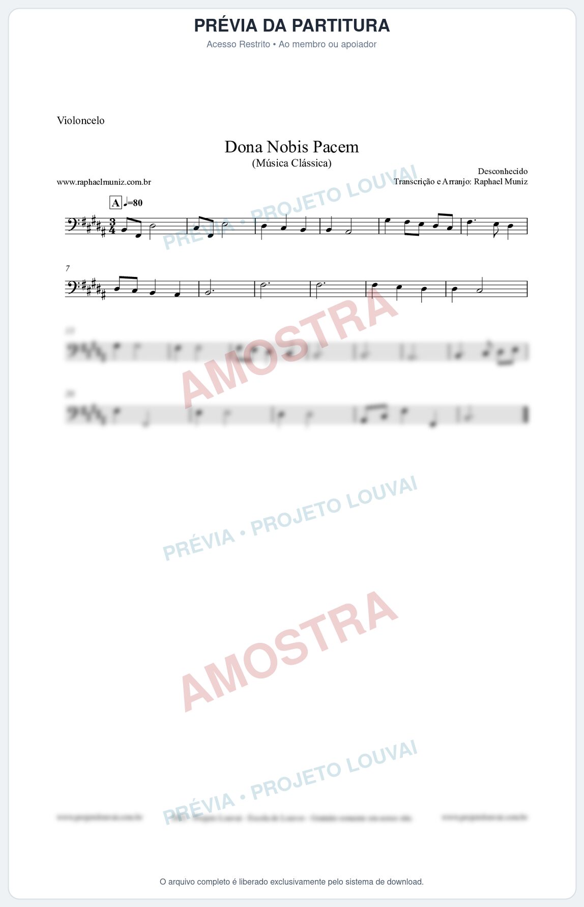 Prévia protegida da primeira página da partitura Partitura para Violoncelo - Dona Nobis Pacem - Música Clássica