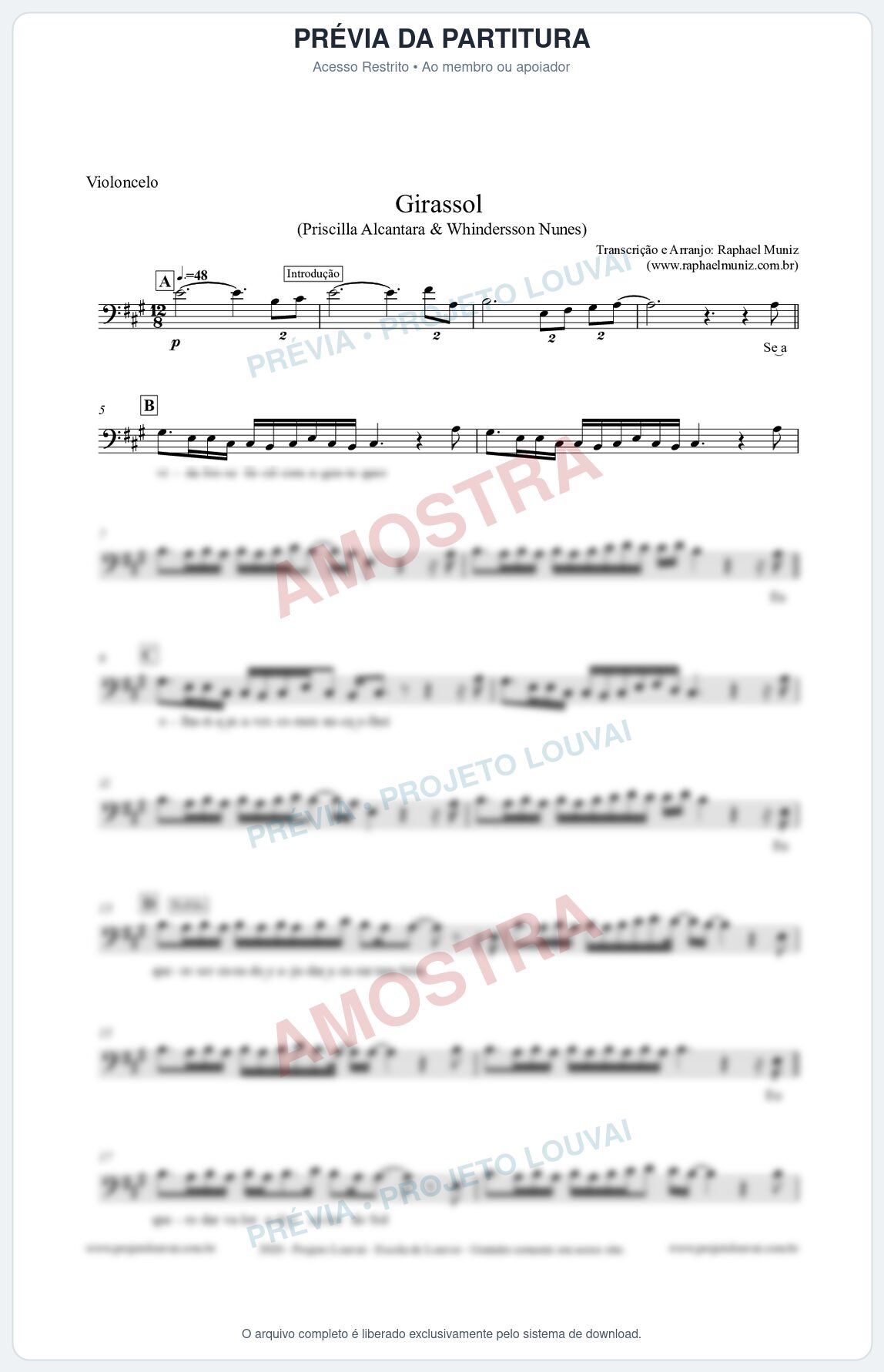 Prévia protegida da primeira página da partitura Partitura para Violoncelo - Girassol - Priscilla Alcantara & Whindersson Nunes 