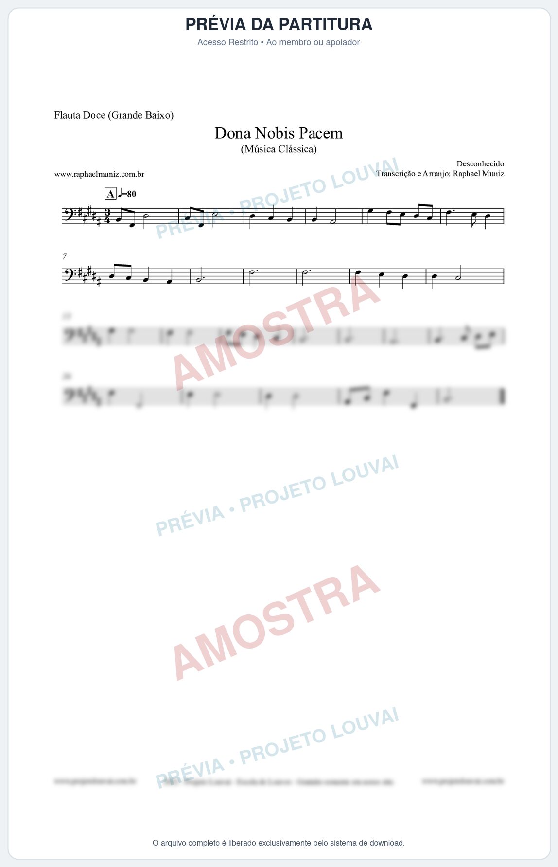 Prévia protegida da primeira página da partitura Partitura para Flauta Doce (Grande Baixo) - Dona Nobis Pacem - Música Clássica