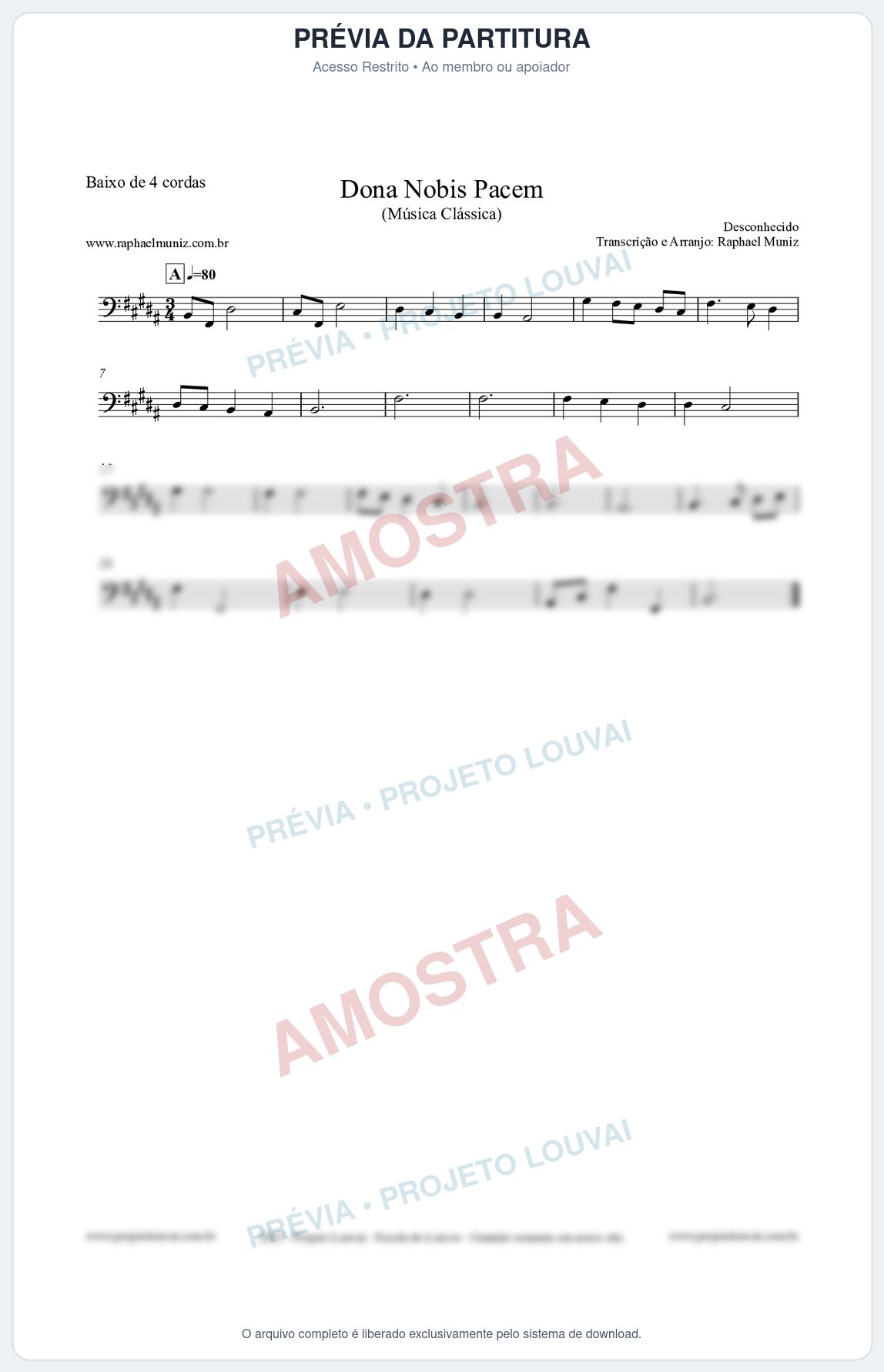 Prévia protegida da primeira página da partitura Partitura para Baixo de 4 cordas - Dona Nobis Pacem - Música Clássica