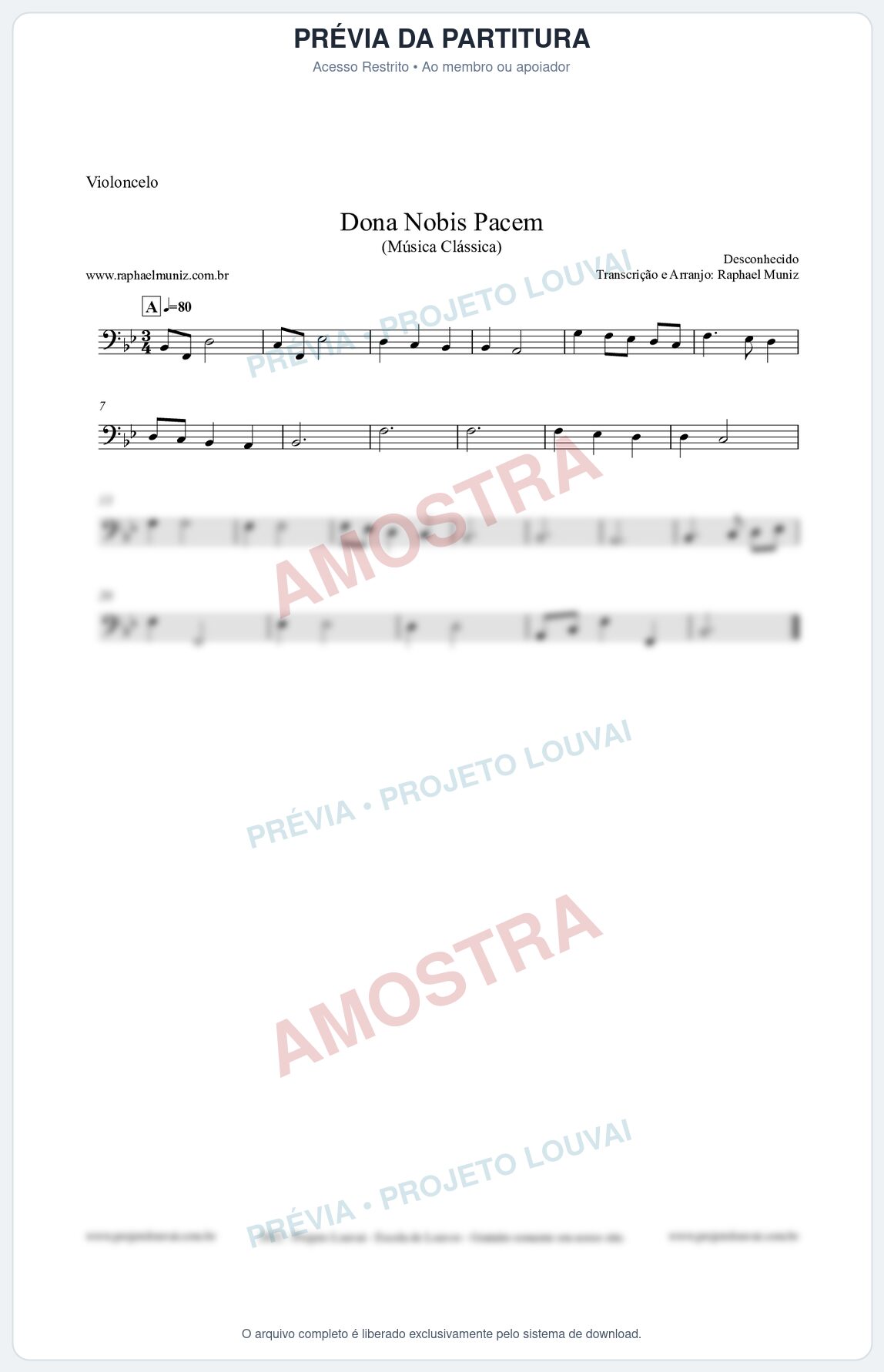 Prévia protegida da primeira página da partitura Partitura para Violoncelo - Dona Nobis Pacem - Música Clássica