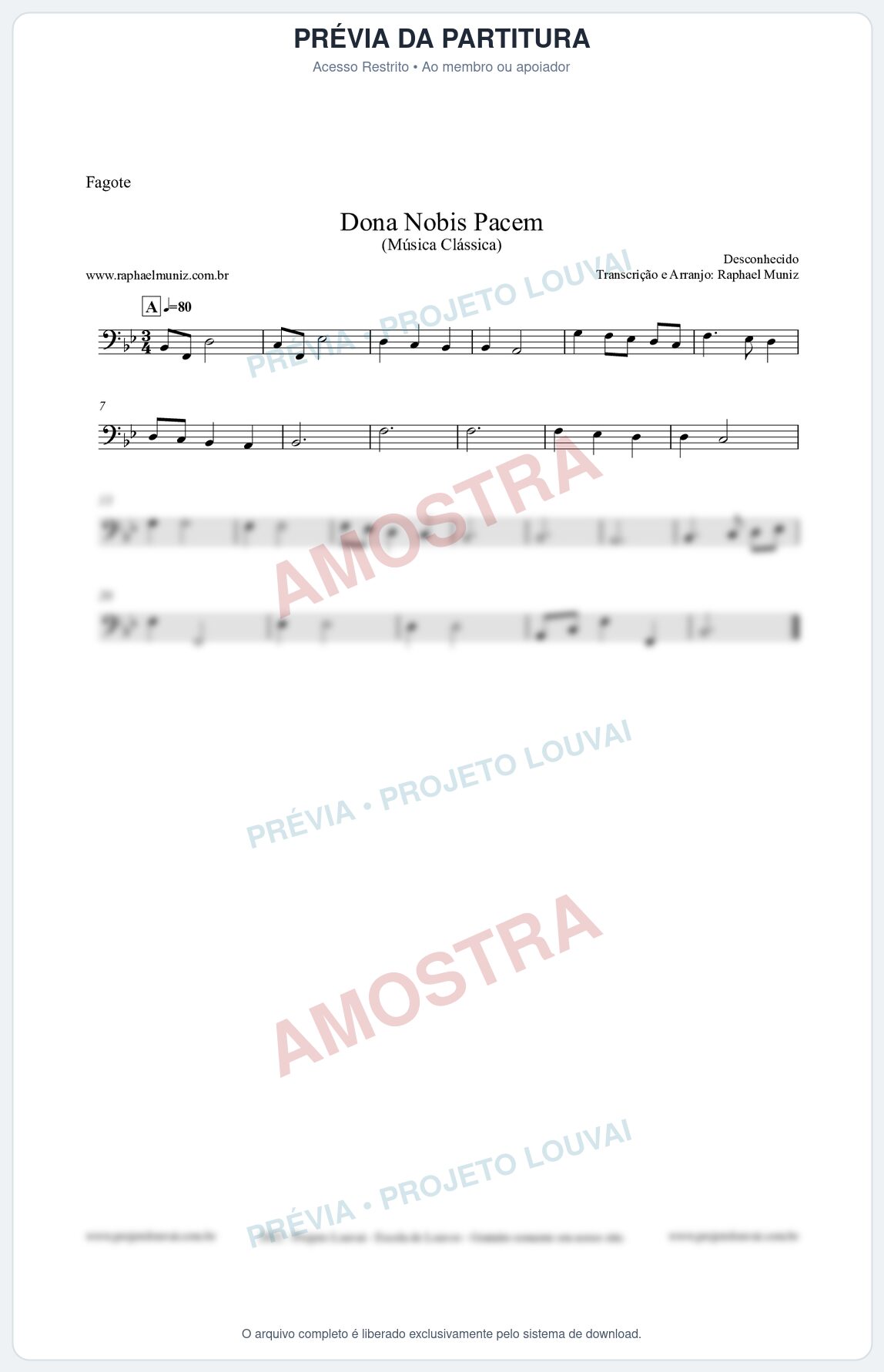Prévia protegida da primeira página da partitura Partitura para Fagote - Dona Nobis Pacem - Música Clássica