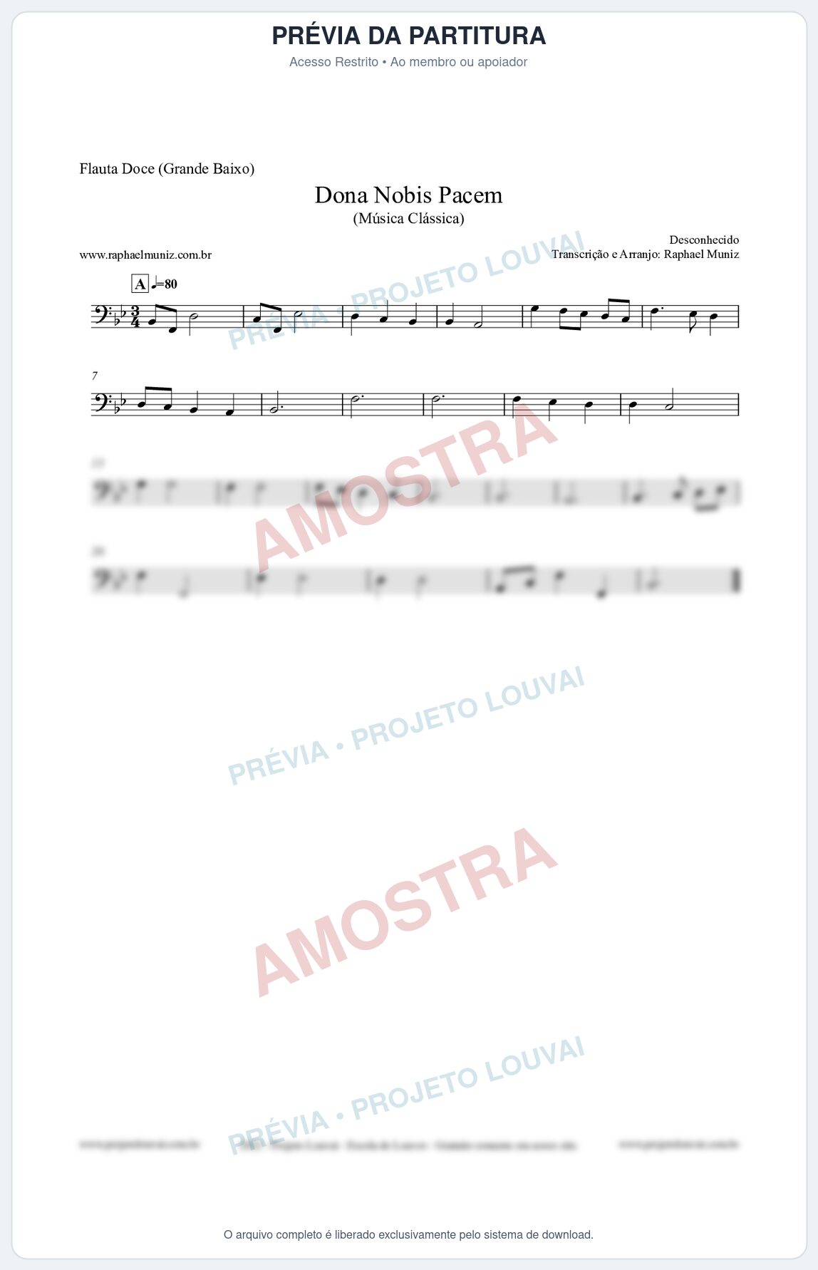 Prévia protegida da primeira página da partitura Partitura para Flauta Doce (Grande Baixo) - Dona Nobis Pacem - Música Clássica