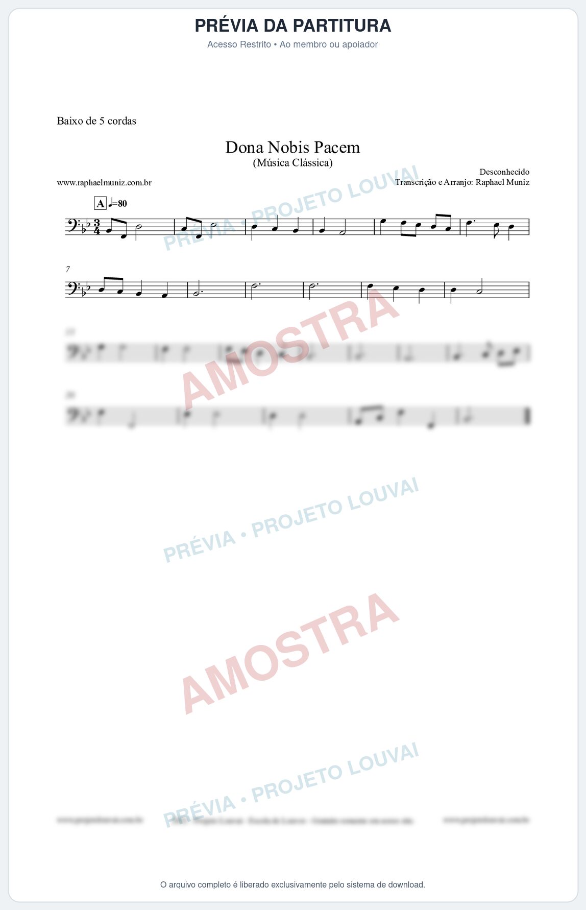 Prévia protegida da primeira página da partitura Partitura para Baixo de 5 cordas - Dona Nobis Pacem - Música Clássica