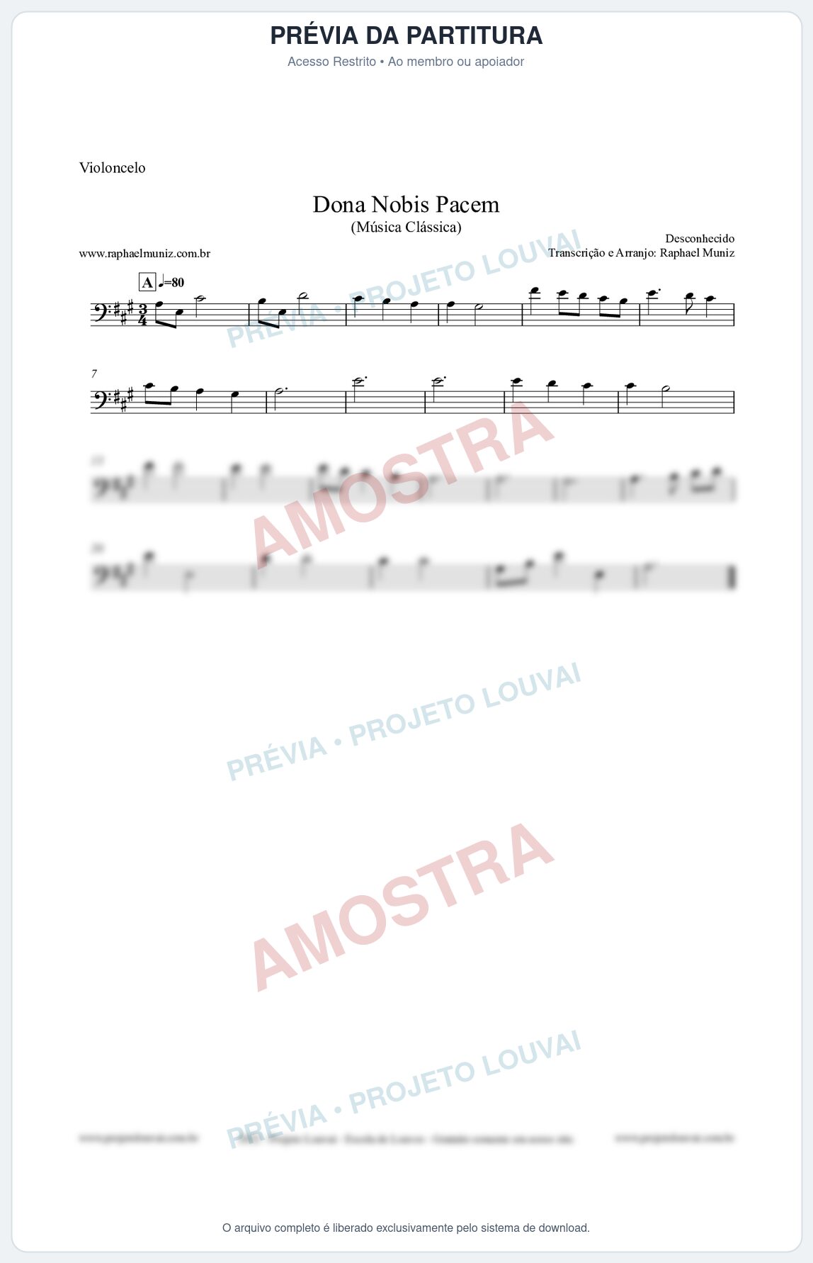 Prévia protegida da primeira página da partitura Partitura para Violoncelo - Dona Nobis Pacem - Música Clássica