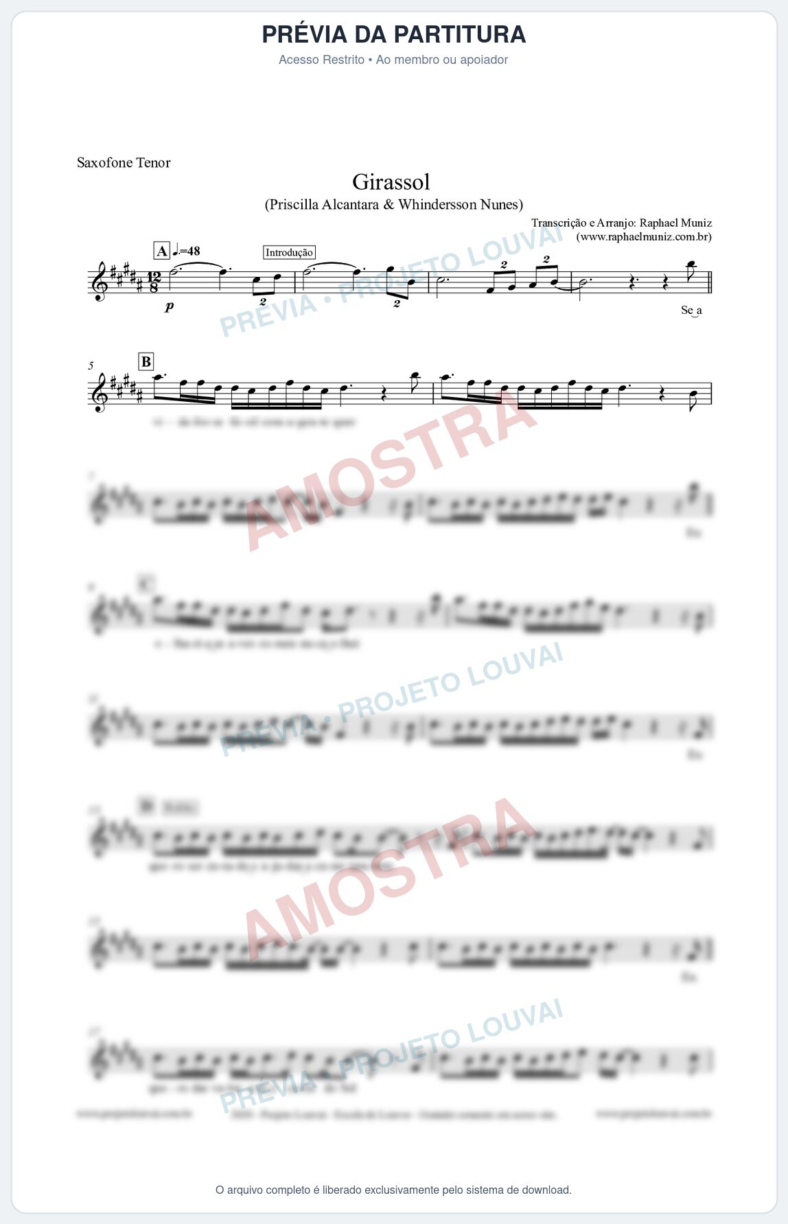 Prévia protegida da primeira página da partitura Partitura para Saxofone Tenor - Girassol - Priscilla Alcantara & Whindersson Nunes 