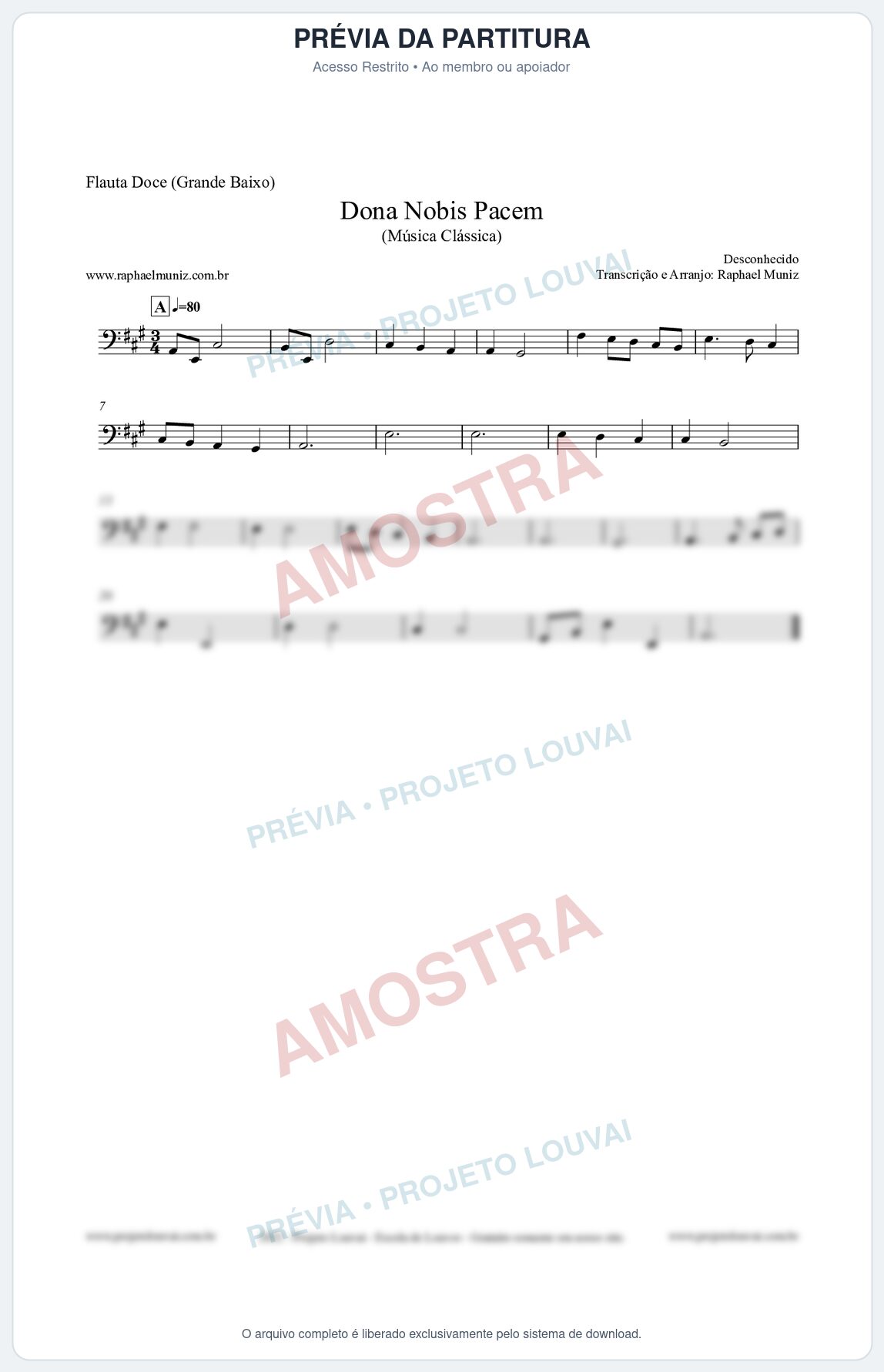 Prévia protegida da primeira página da partitura Partitura para Flauta Doce (Grande Baixo) - Dona Nobis Pacem - Música Clássica