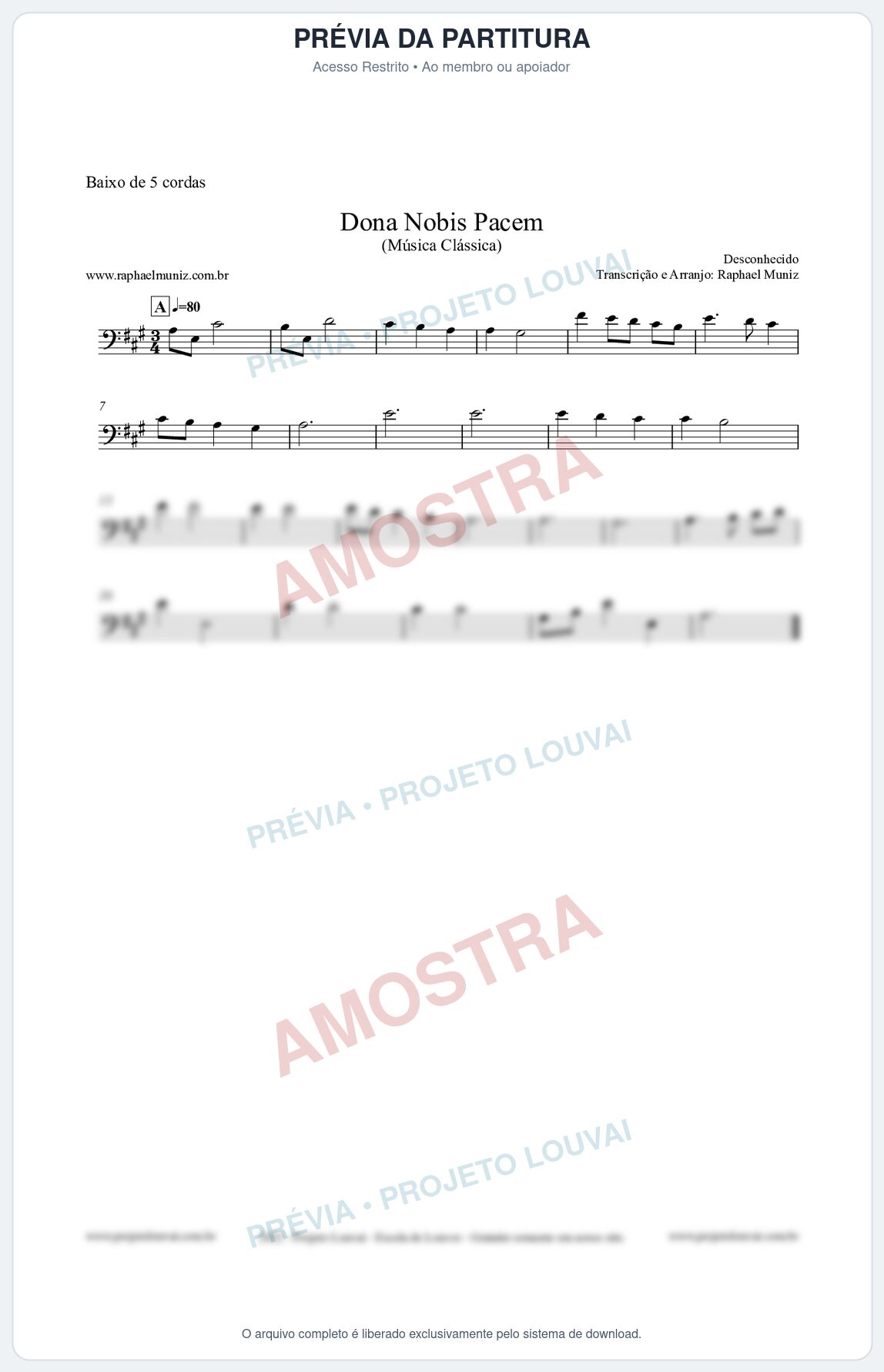 Prévia protegida da primeira página da partitura Partitura para Baixo de 5 cordas - Dona Nobis Pacem - Música Clássica