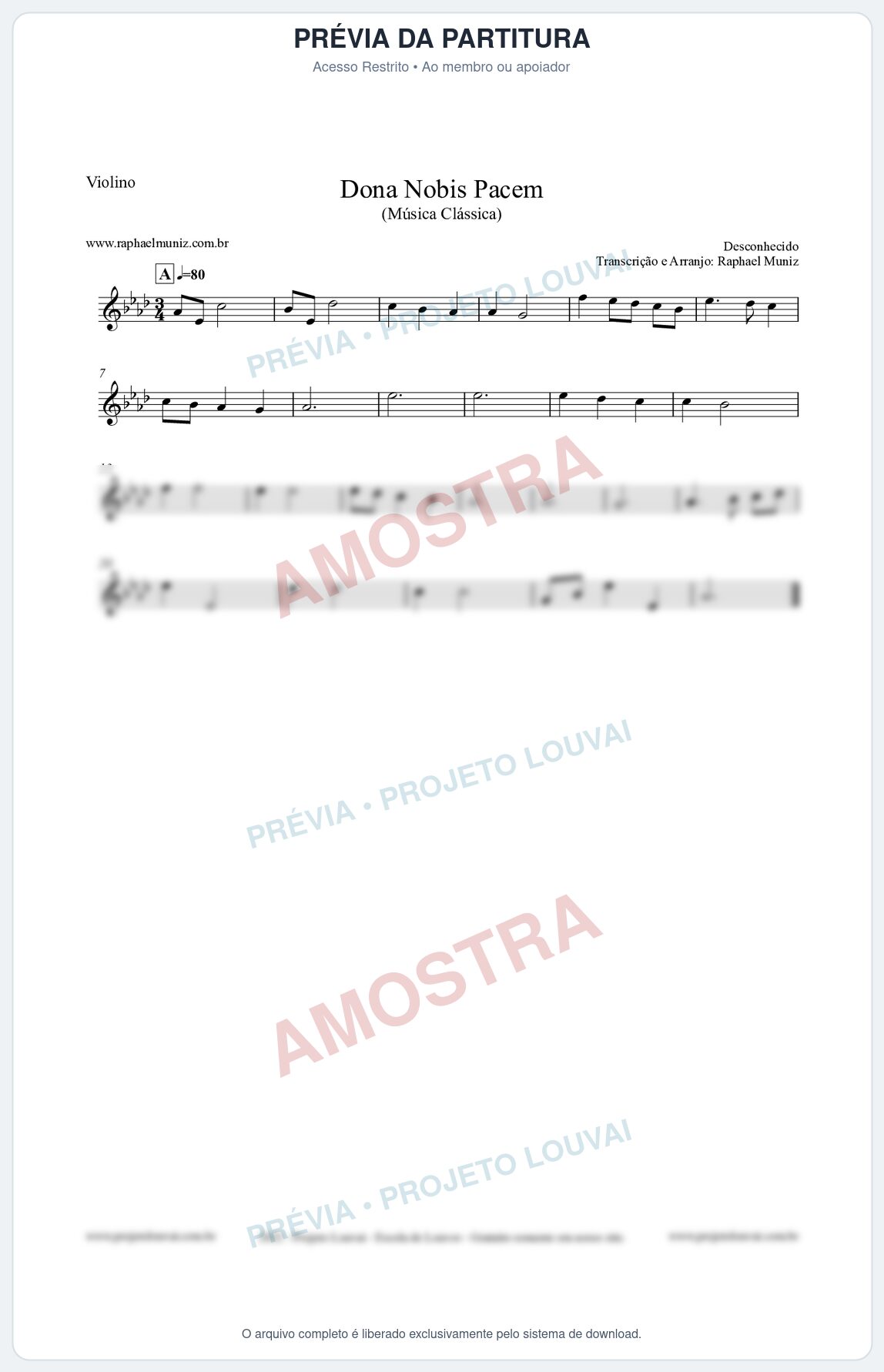 Prévia protegida da primeira página da partitura Partitura para Violino - Dona Nobis Pacem - Música Clássica