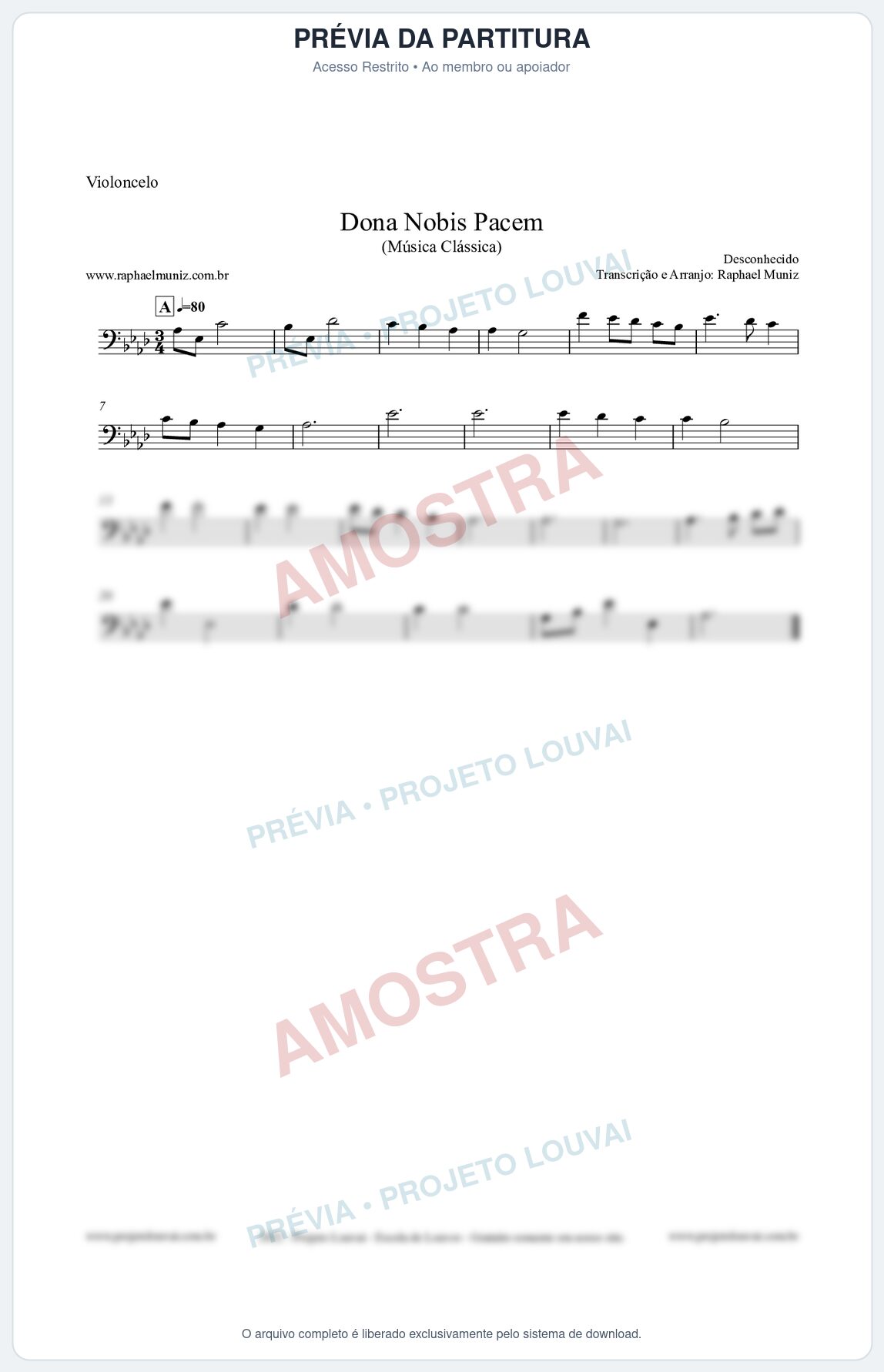 Prévia protegida da primeira página da partitura Partitura para Violoncelo - Dona Nobis Pacem - Música Clássica