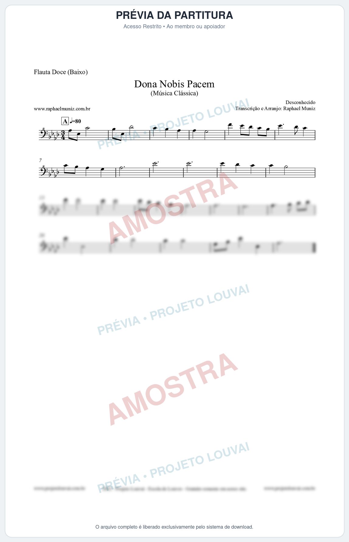 Prévia protegida da primeira página da partitura Partitura para Flauta Doce (Baixo) - Dona Nobis Pacem - Música Clássica