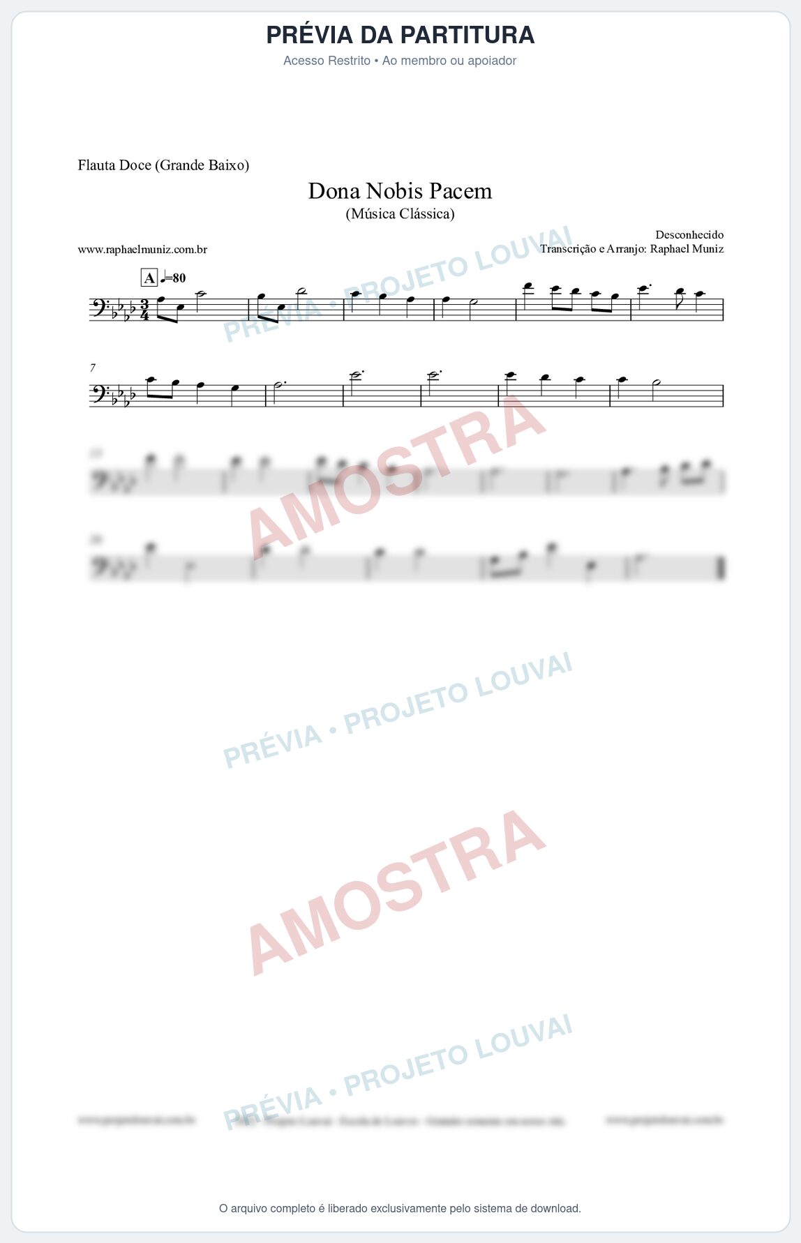 Prévia protegida da primeira página da partitura Partitura para Flauta Doce (Grande Baixo) - Dona Nobis Pacem - Música Clássica