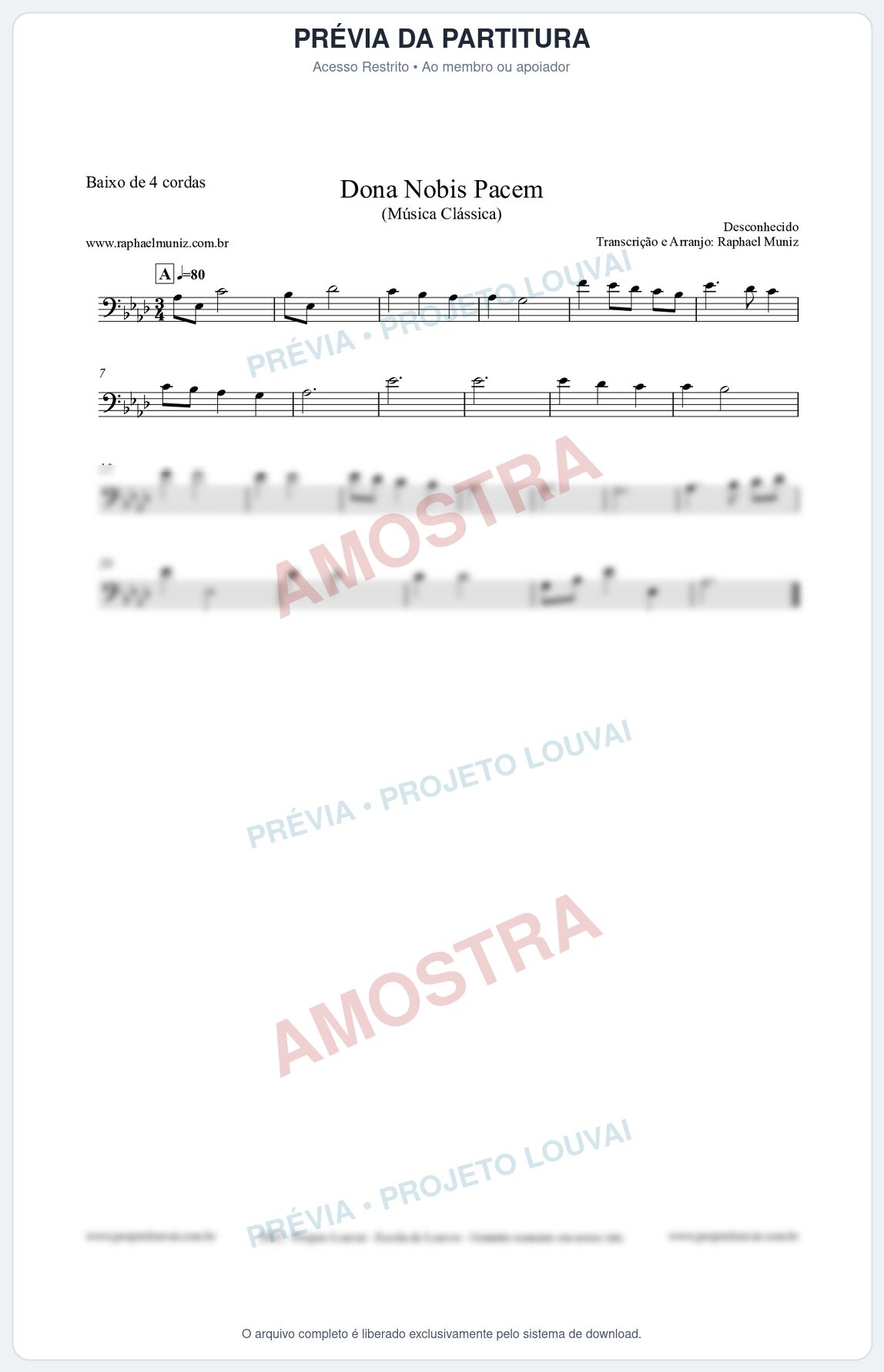 Prévia protegida da primeira página da partitura Partitura para Baixo de 4 cordas - Dona Nobis Pacem - Música Clássica