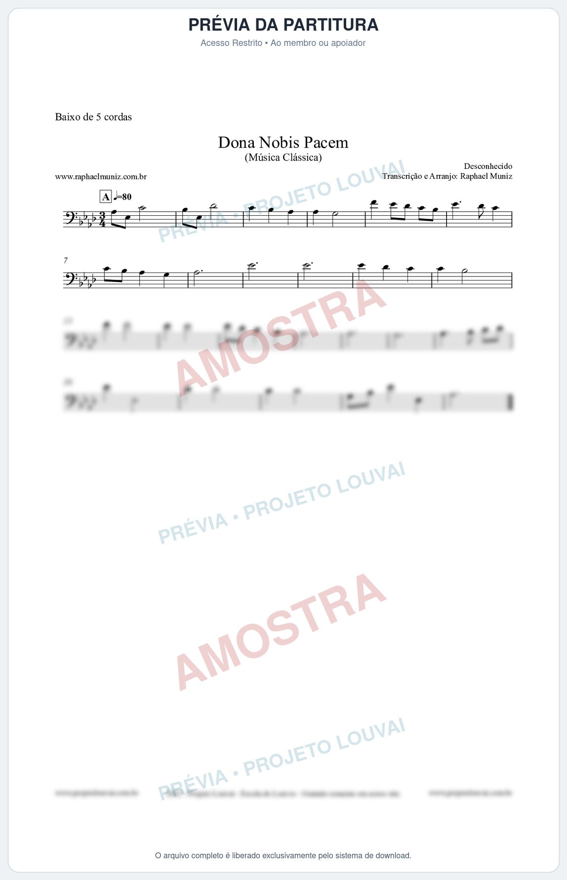 Prévia protegida da primeira página da partitura Partitura para Baixo de 5 cordas - Dona Nobis Pacem - Música Clássica