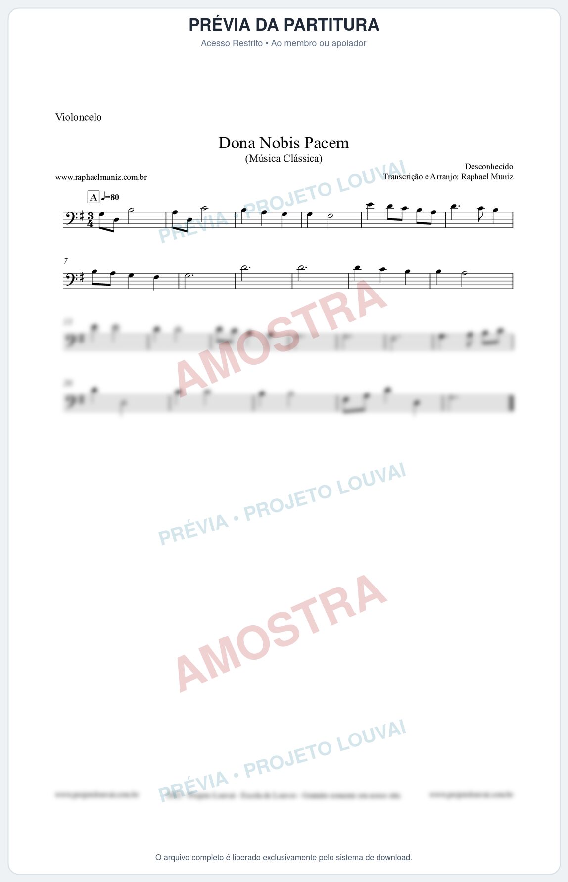 Prévia protegida da primeira página da partitura Partitura para Violoncelo - Dona Nobis Pacem - Música Clássica