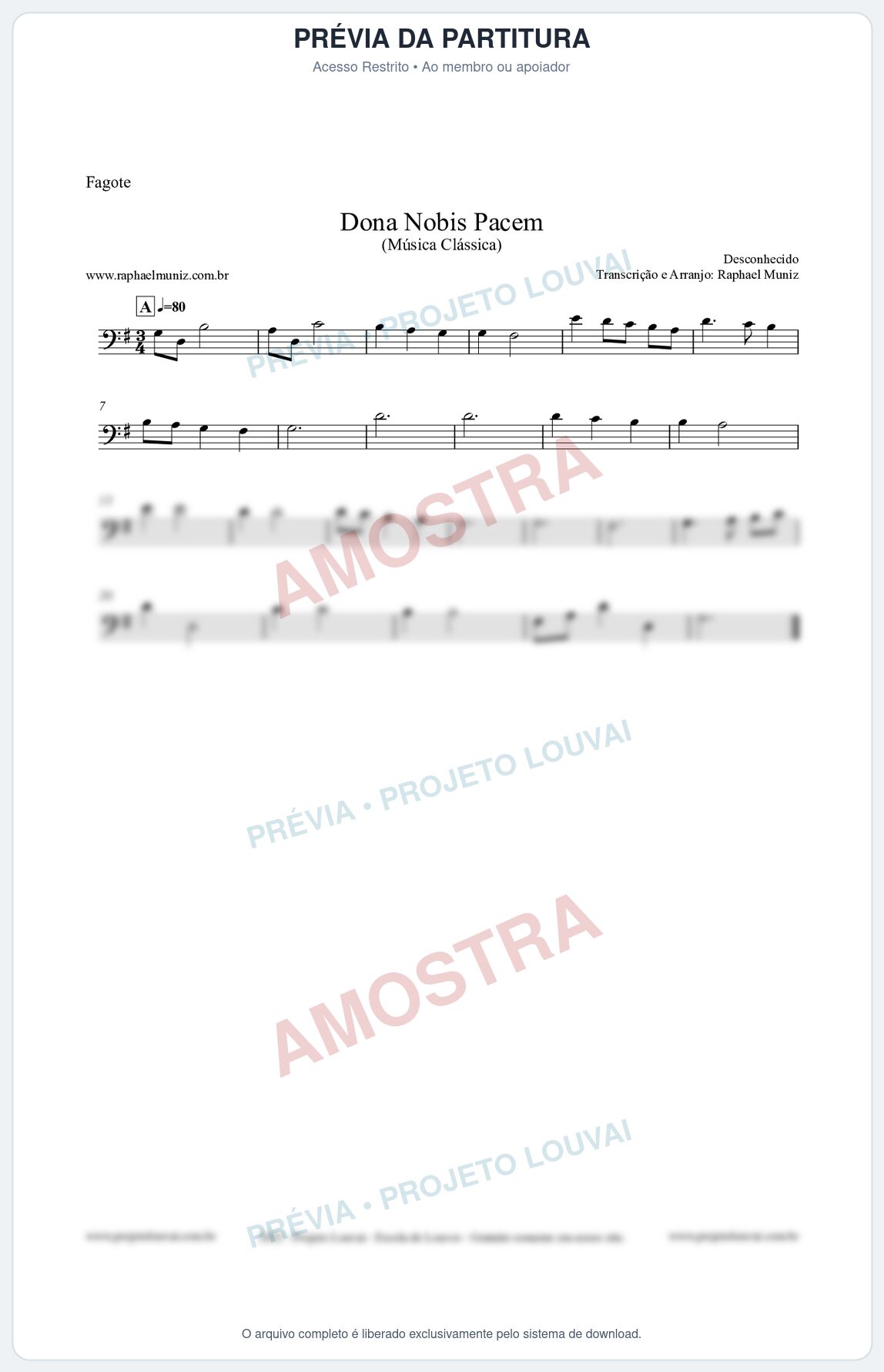 Prévia protegida da primeira página da partitura Partitura para Fagote - Dona Nobis Pacem - Música Clássica