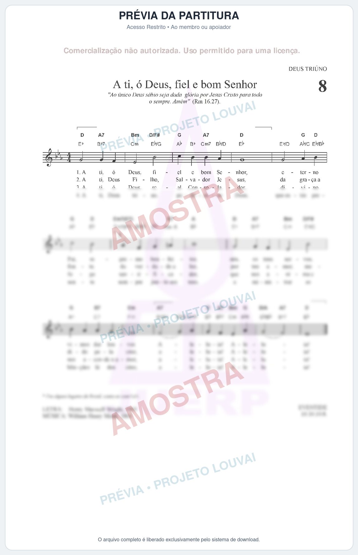 Prévia protegida da primeira página da partitura Partitura para Clarinete em Dó - A ti, ó Deus, fiel e bom Senhor - HCC nº8 - Clássicos do Gospel