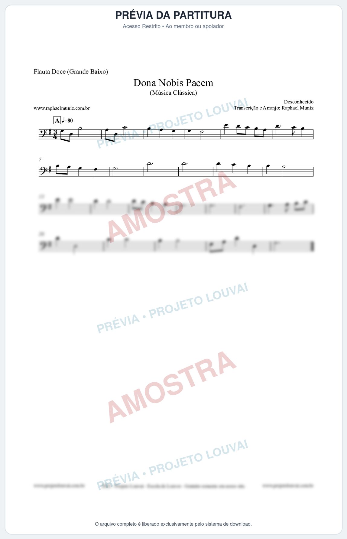 Prévia protegida da primeira página da partitura Partitura para Flauta Doce (Grande Baixo) - Dona Nobis Pacem - Música Clássica