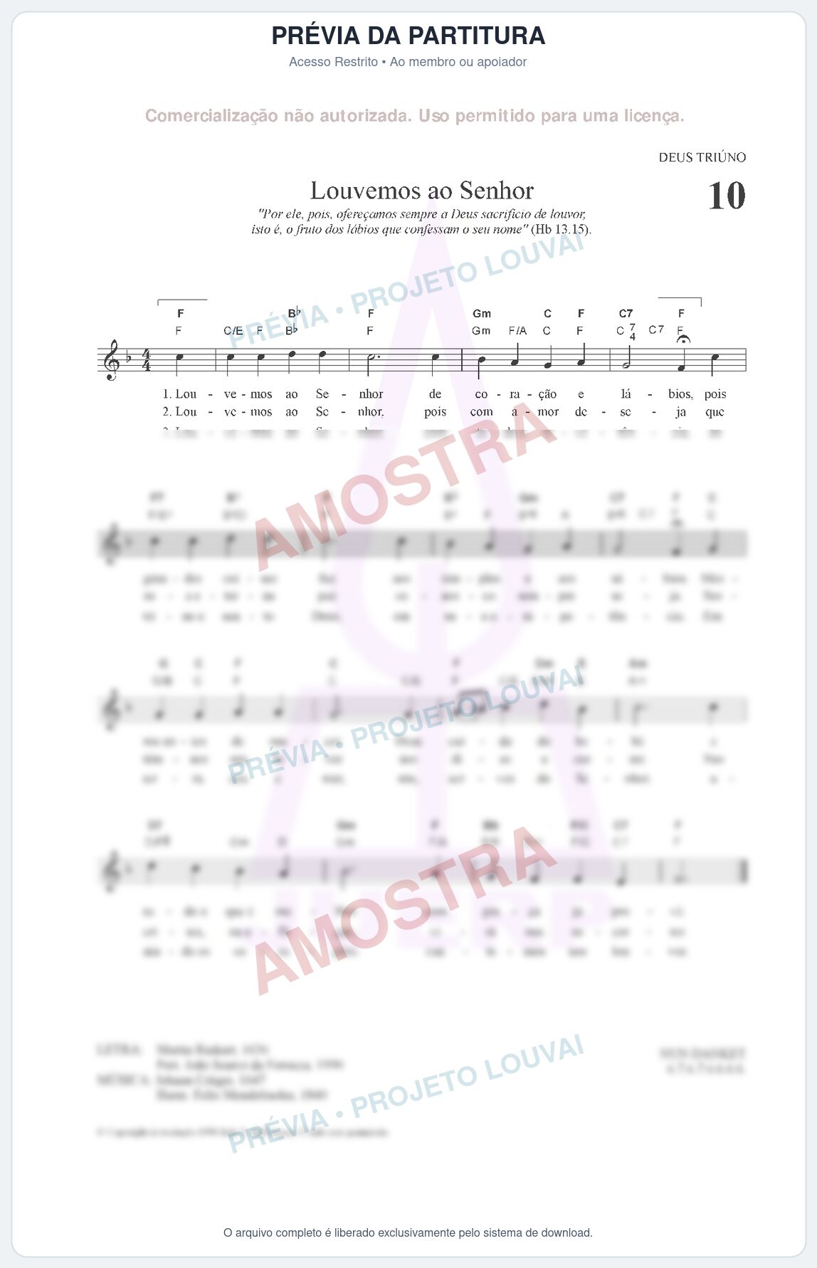 Prévia protegida da primeira página da partitura Partitura para Clarinete em Lá - Louvemos ao Senhor - HCC nº10 - Clássicos do Gospel