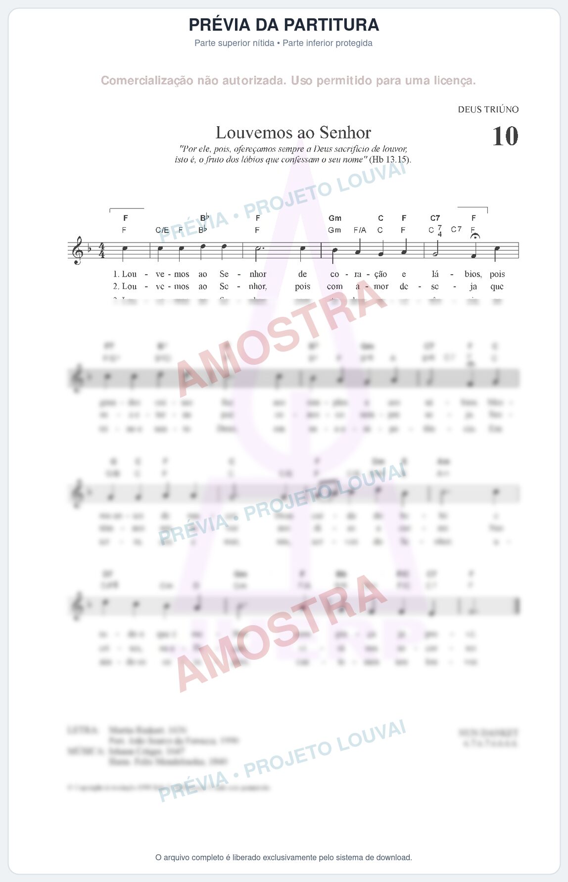 Prévia protegida da primeira página da partitura Partitura para Clarinete em Sol - Louvemos ao Senhor - HCC nº10 - Clássicos do Gospel