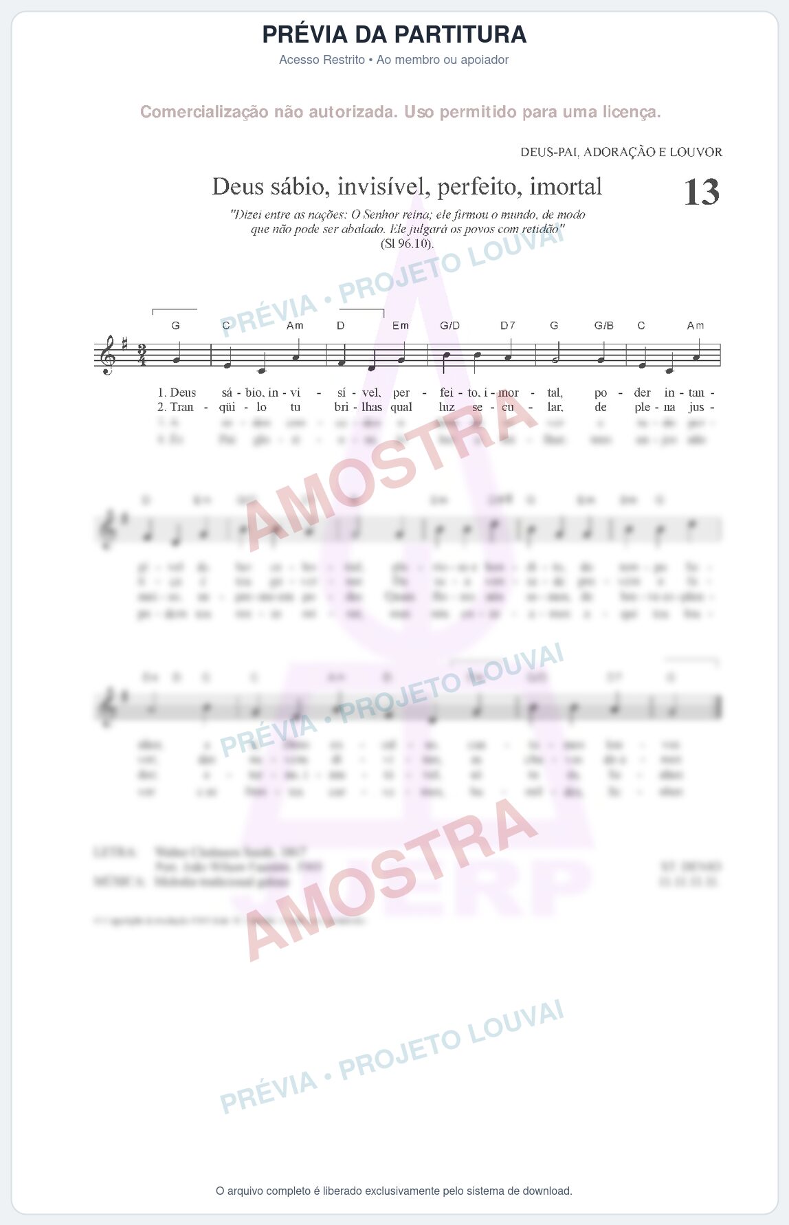 Prévia protegida da primeira página da partitura Partitura para Clarinete em Dó - Deus sábio, invisível, perfeito, imortal - HCC nº13 - Clássicos do Gospel