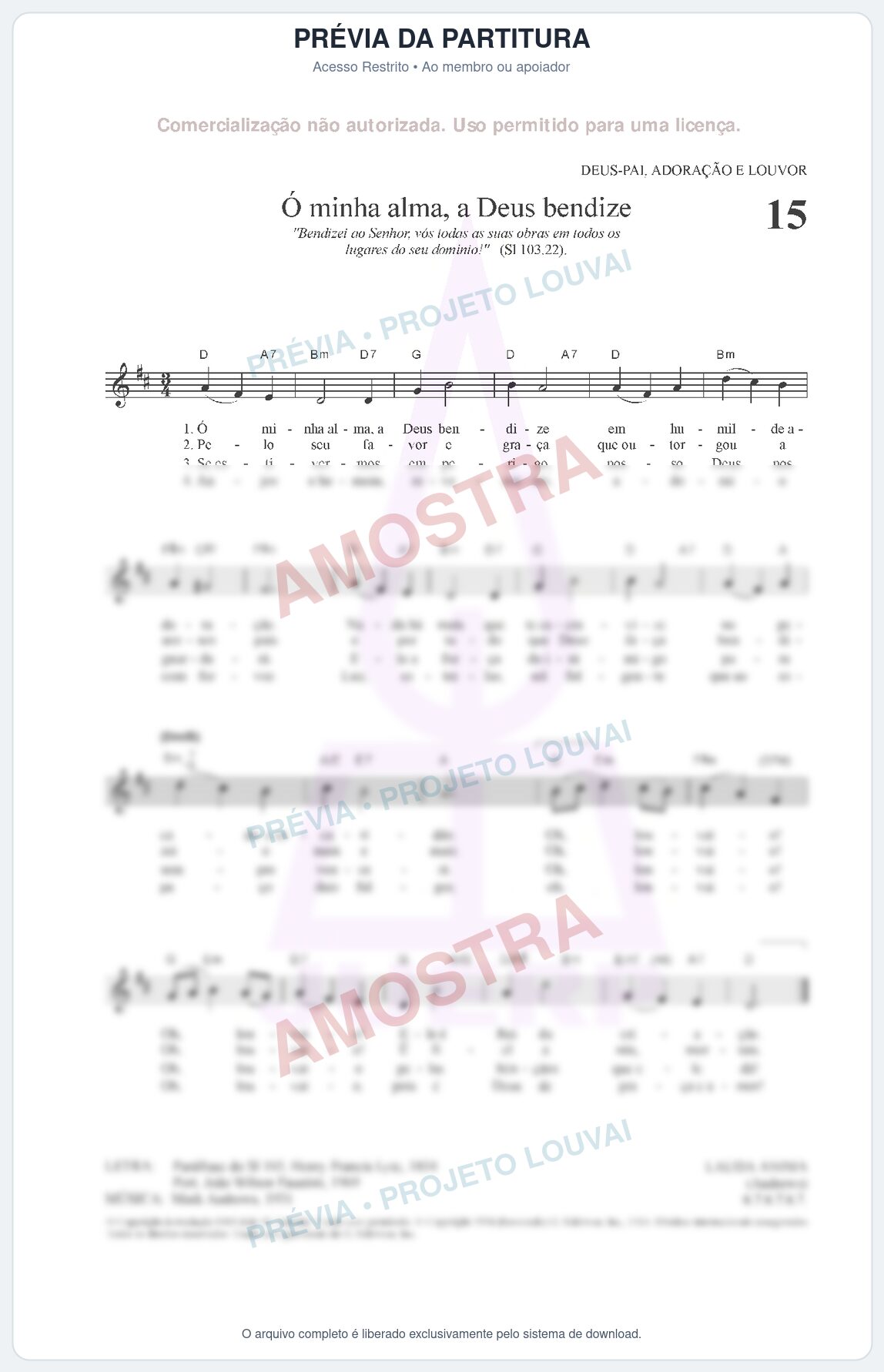 Prévia protegida da primeira página da partitura Partitura para Clarinete em Lá - Ó minha alma, a Deus bendize - HCC nº15 - Clássicos do Gospel