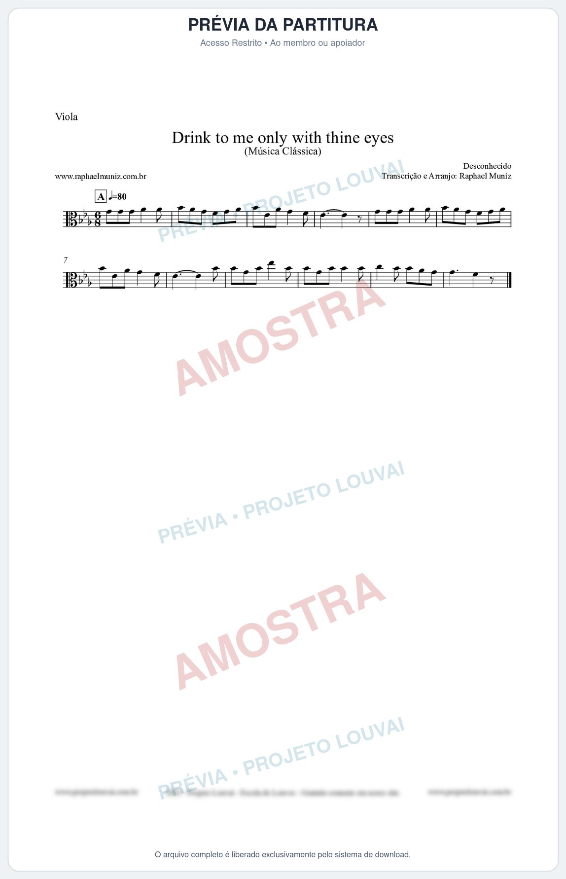 Prévia protegida da primeira página da partitura Partitura para Viola - Drink to me only with thine eyes - Música Clássica