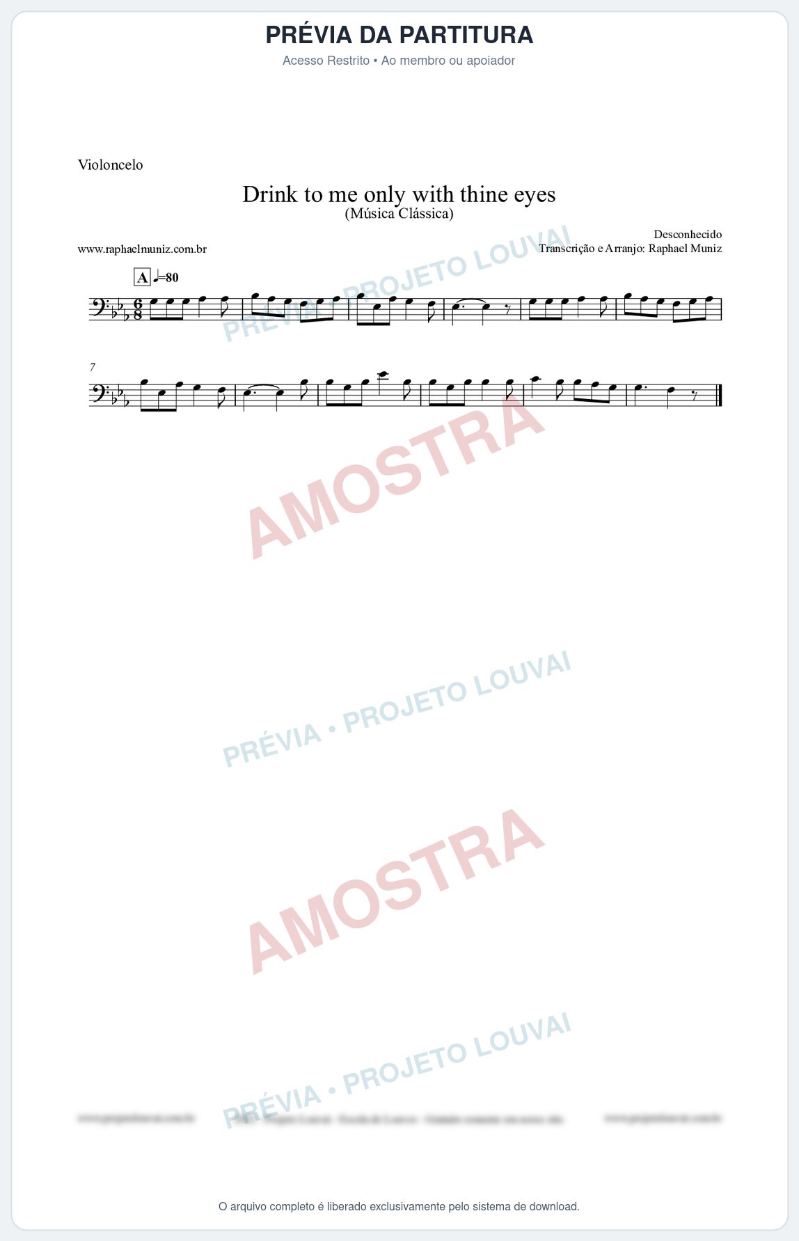 Prévia protegida da primeira página da partitura Partitura para Violoncelo - Drink to me only with thine eyes - Música Clássica