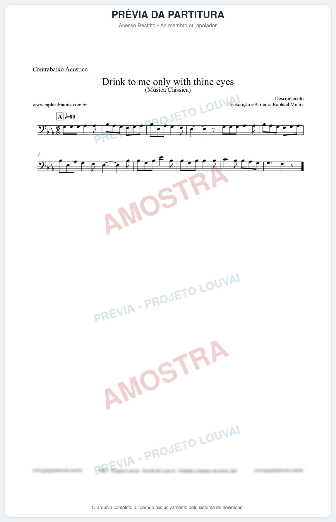 Prévia protegida da primeira página da partitura Partitura para Contrabaixo Acústico - Drink to me only with thine eyes - Música Clássica