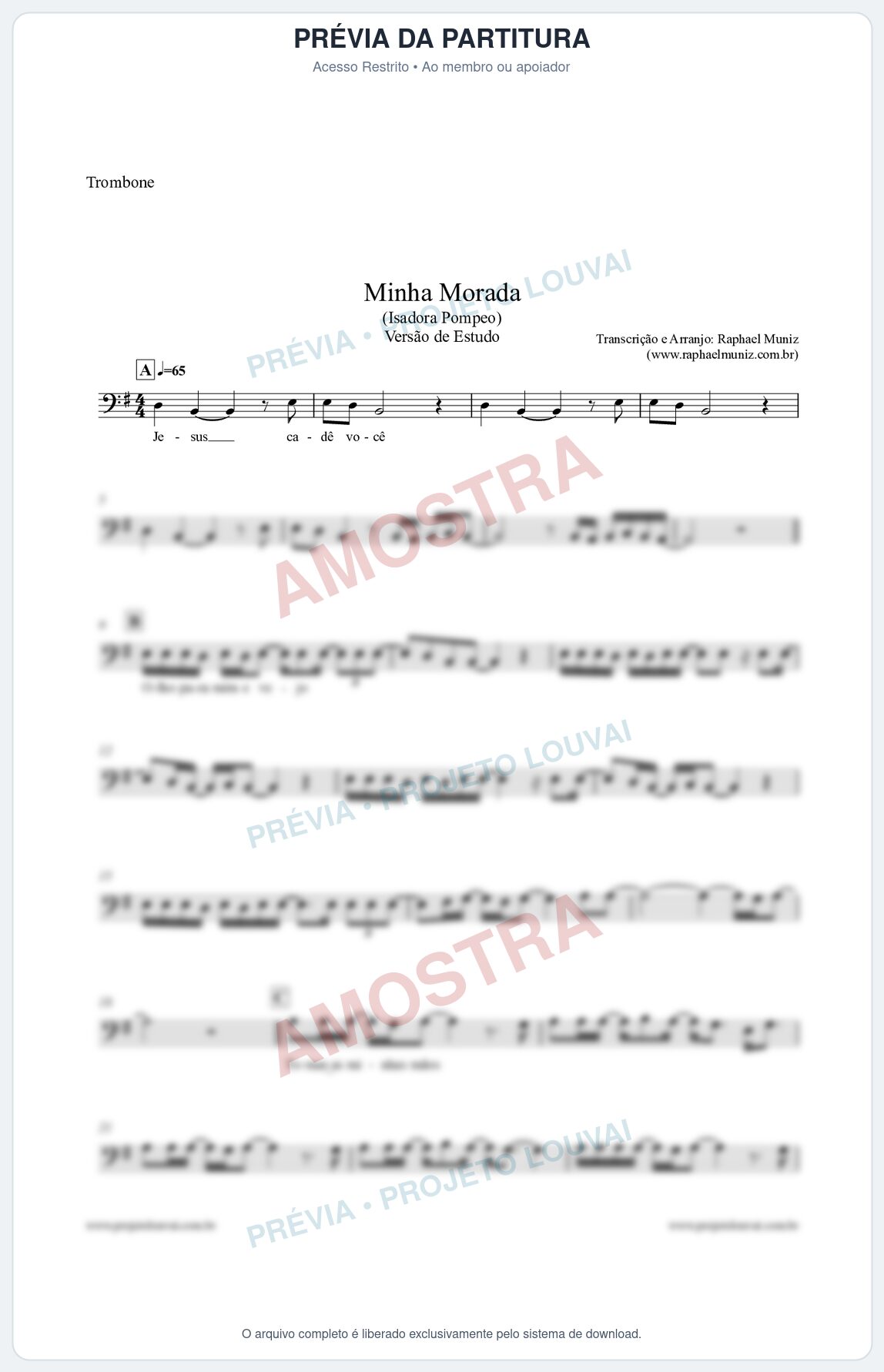 Prévia protegida da primeira página da partitura Partitura para Trombone - Minha Morada (Versão de Estudo) - Isadora Pompeo