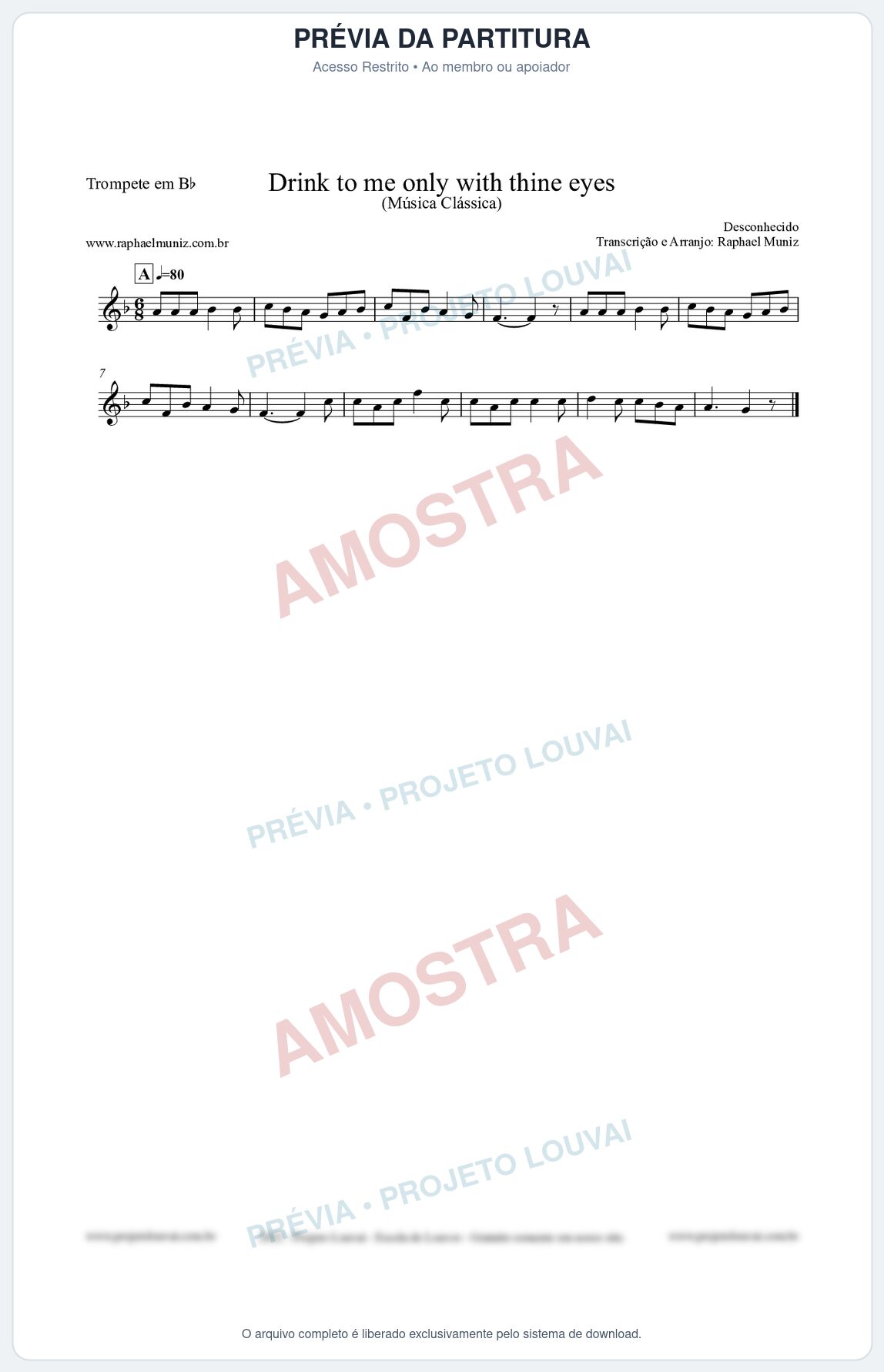 Prévia protegida da primeira página da partitura Partitura para Trompete em Bb - Drink to me only with thine eyes - Música Clássica
