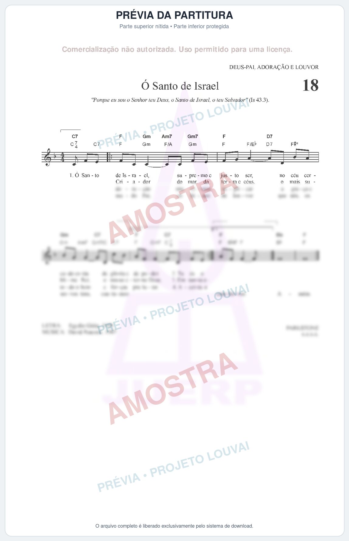 Prévia protegida da primeira página da partitura Partitura para Clarinete em Sol - Ó Santo de Israel - HCC nº18 - Clássicos do Gospel