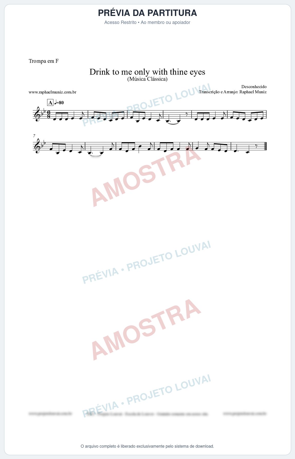 Prévia protegida da primeira página da partitura Partitura para Trompa em F - Drink to me only with thine eyes - Música Clássica