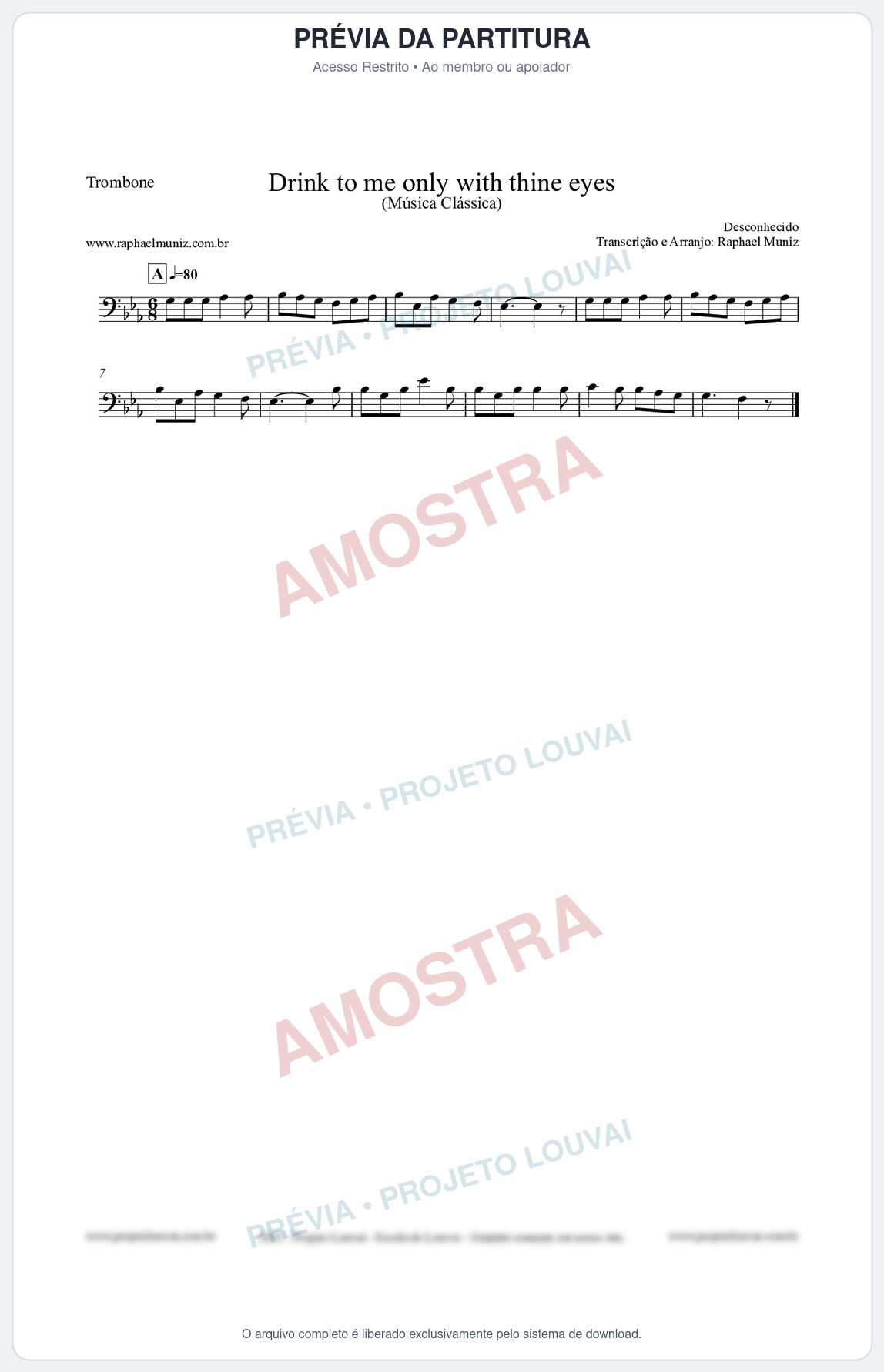 Prévia protegida da primeira página da partitura Partitura para Trombone - Drink to me only with thine eyes - Música Clássica