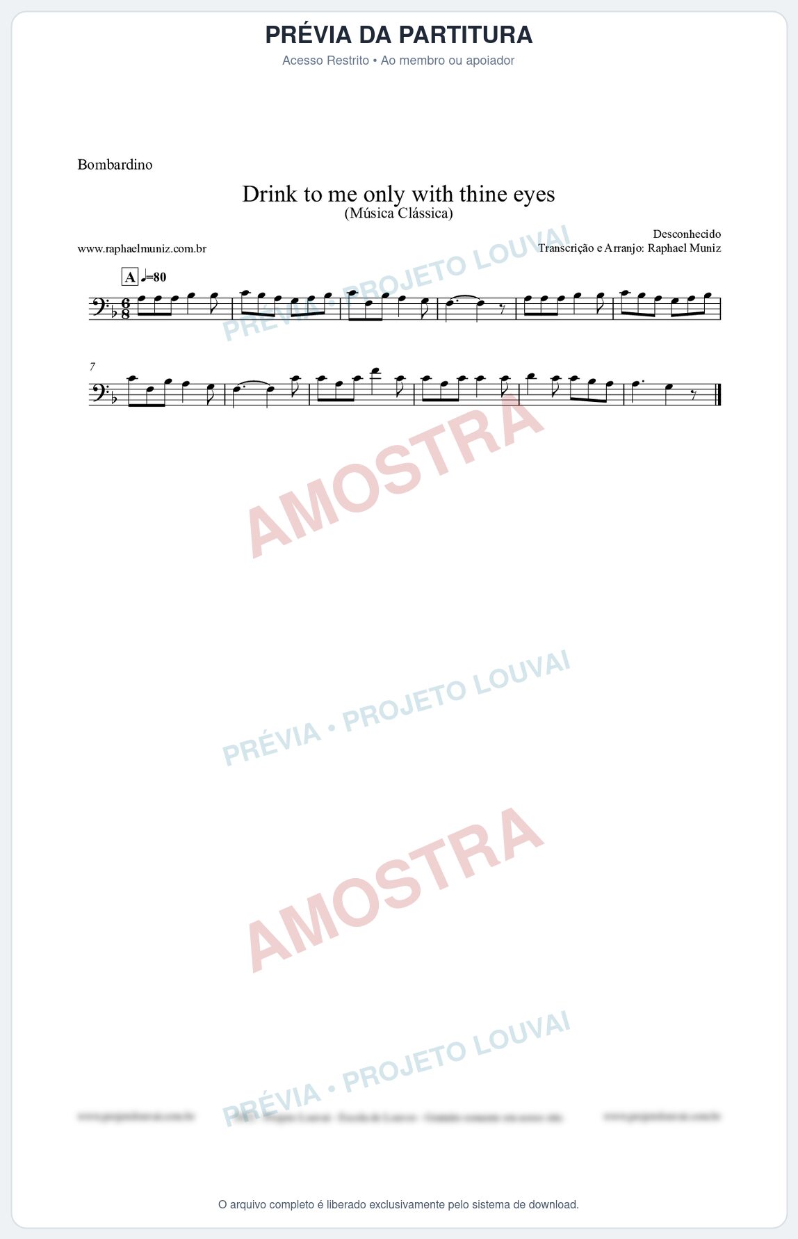 Prévia protegida da primeira página da partitura Partitura para Bombardino - Drink to me only with thine eyes - Música Clássica