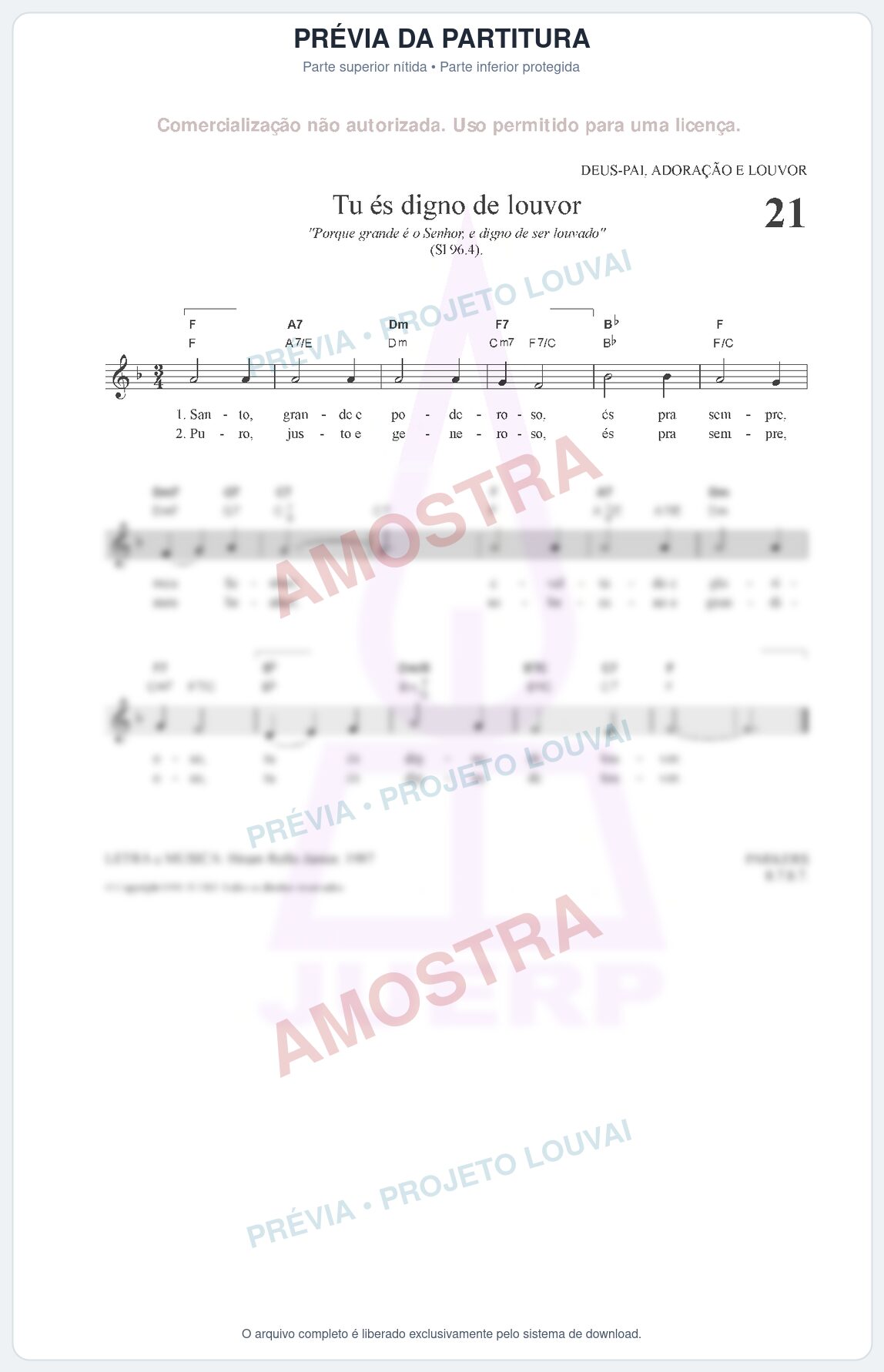 Prévia protegida da primeira página da partitura Partitura para Clarinete em Sol - Tu és digno de louvor - HCC nº21 - Clássicos do Gospel