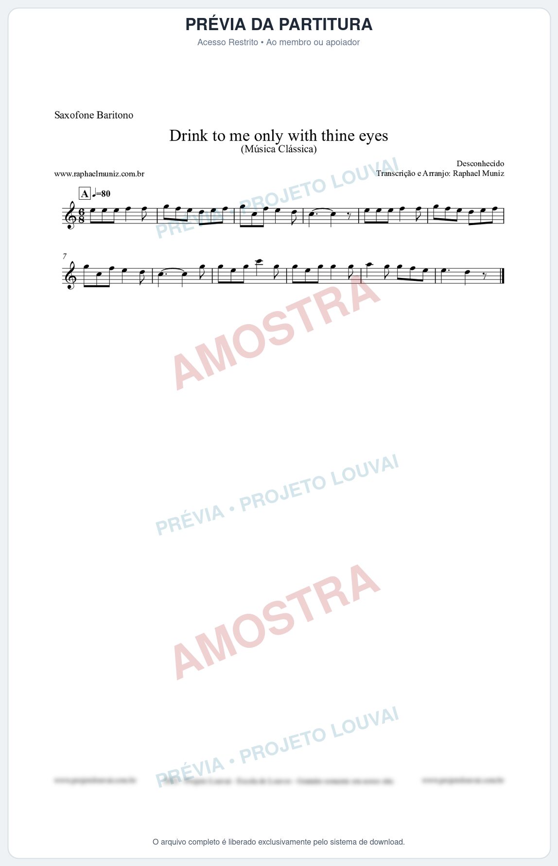 Prévia protegida da primeira página da partitura Partitura para Saxofone Barítono - Drink to me only with thine eyes - Música Clássica