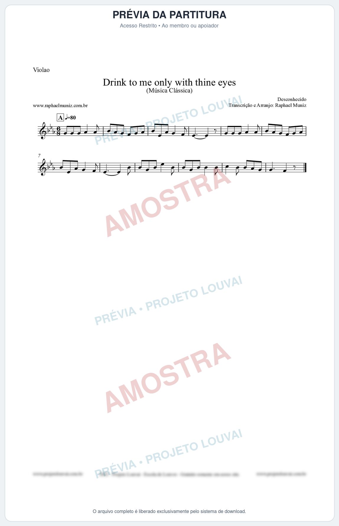 Prévia protegida da primeira página da partitura Partitura para Violão - Drink to me only with thine eyes - Música Clássica