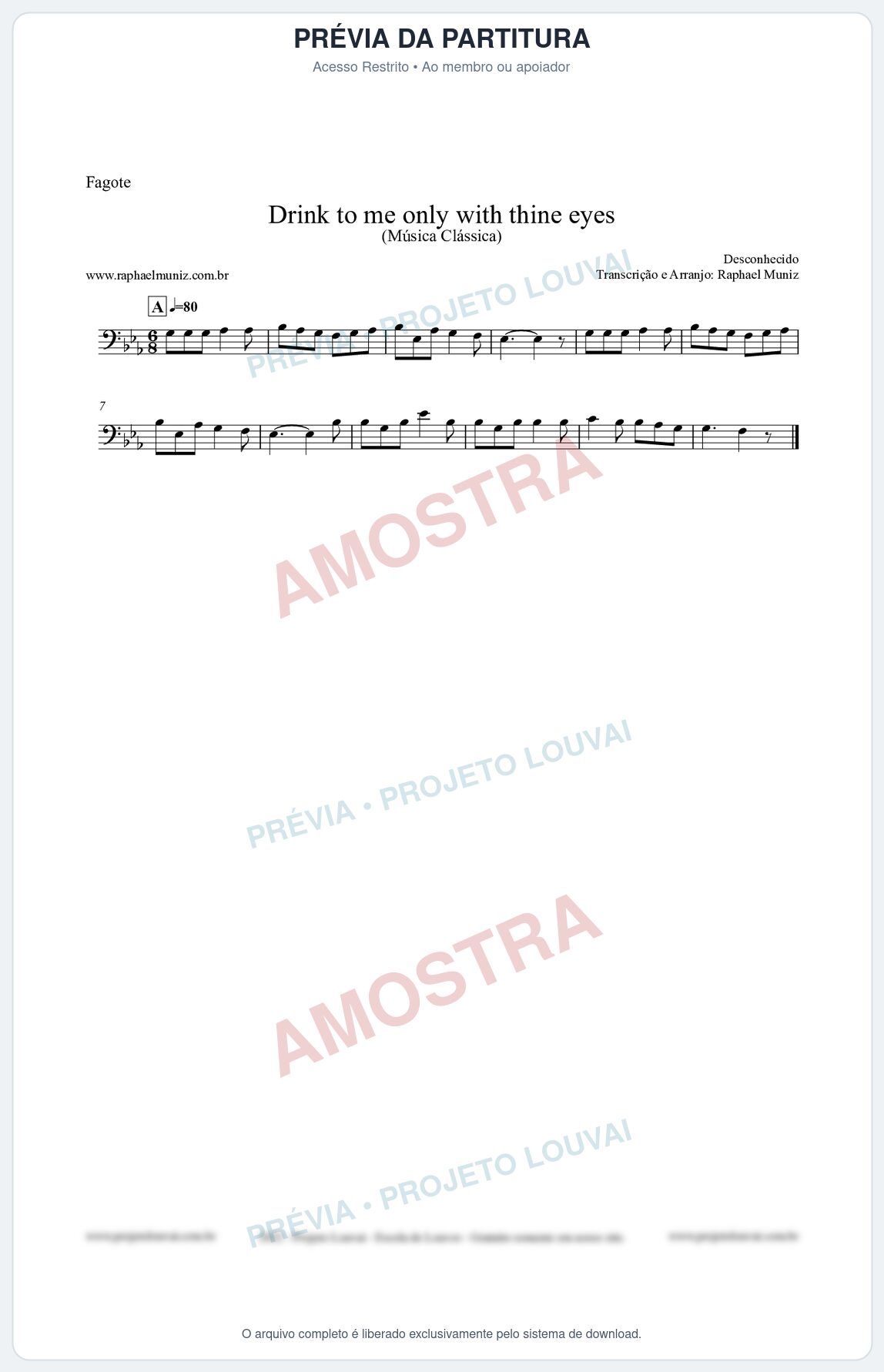 Prévia protegida da primeira página da partitura Partitura para Fagote - Drink to me only with thine eyes - Música Clássica