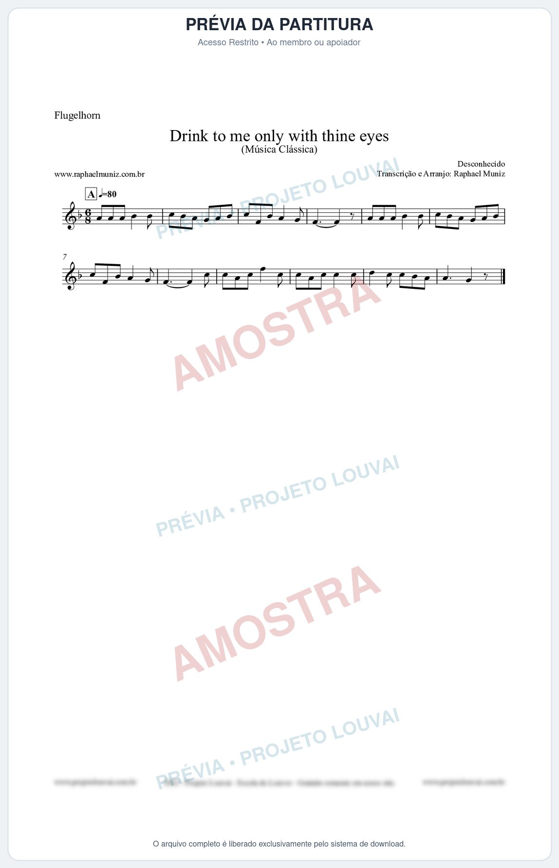 Prévia protegida da primeira página da partitura Partitura para Flugelhorn - Drink to me only with thine eyes - Música Clássica