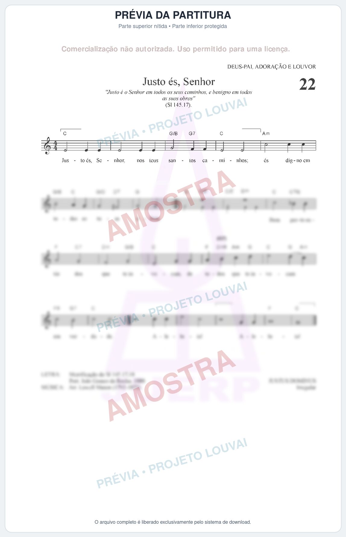 Prévia protegida da primeira página da partitura Partitura para Clarinete em Sol - Justo és, Senhor - HCC nº22 - Clássicos do Gospel