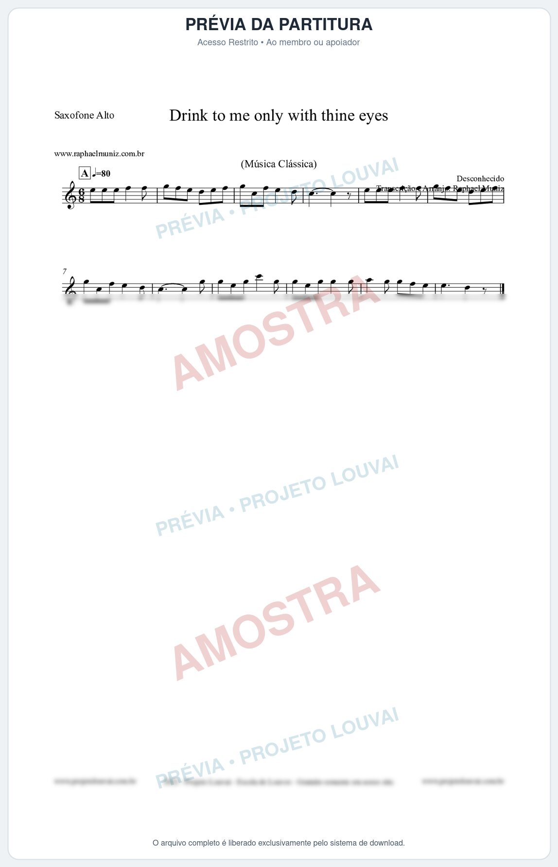 Prévia protegida da primeira página da partitura Partitura para Saxofone Alto - Drink to me only with thine eyes - Música Clássica