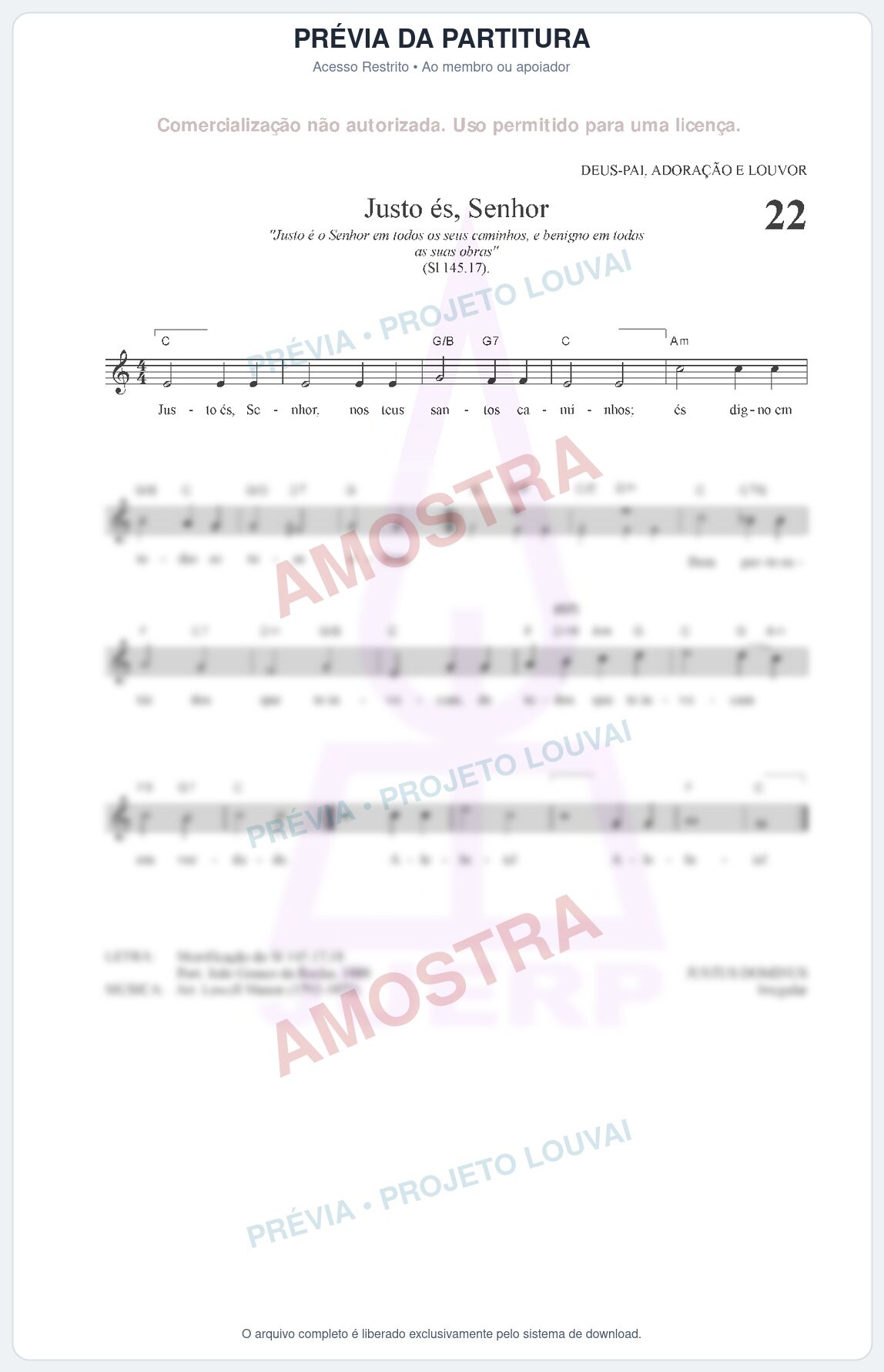 Prévia protegida da primeira página da partitura Partitura para Alaúde - Justo és, Senhor - HCC nº22 - Clássicos do Gospel