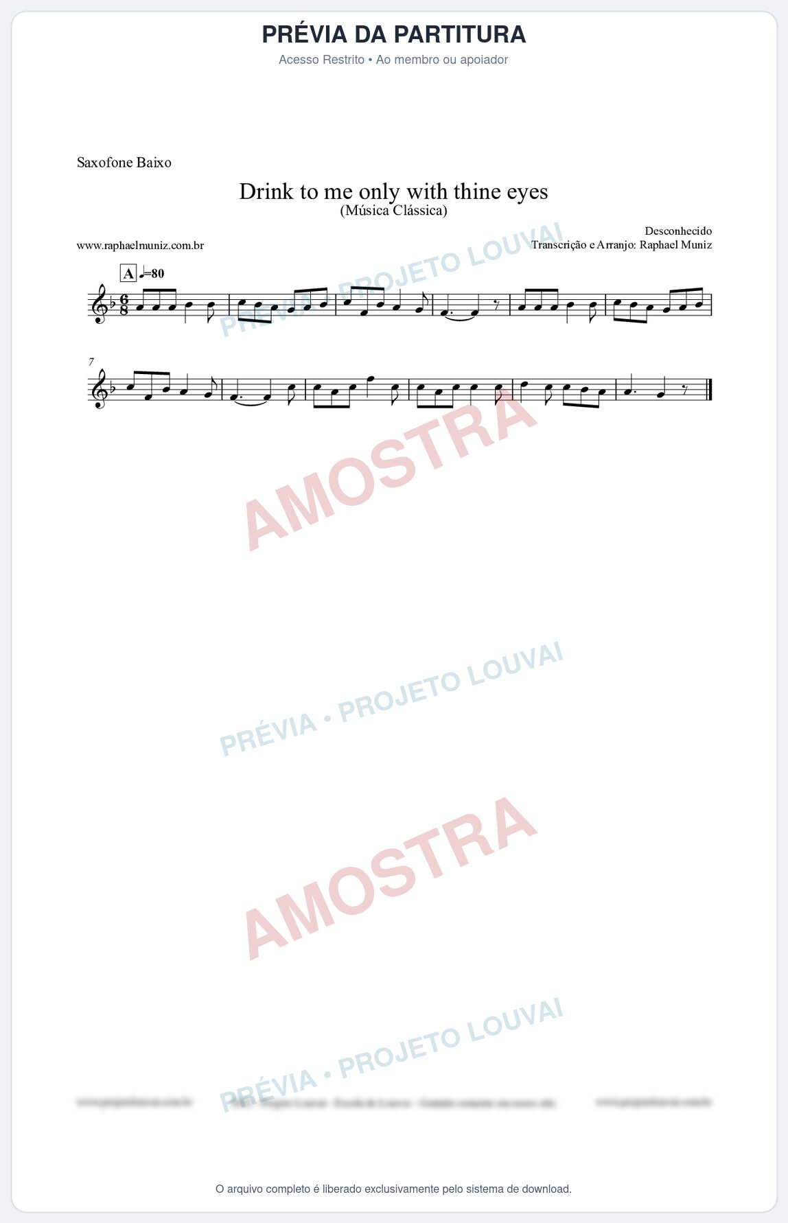 Prévia protegida da primeira página da partitura Partitura para Saxofone Baixo - Drink to me only with thine eyes - Música Clássica