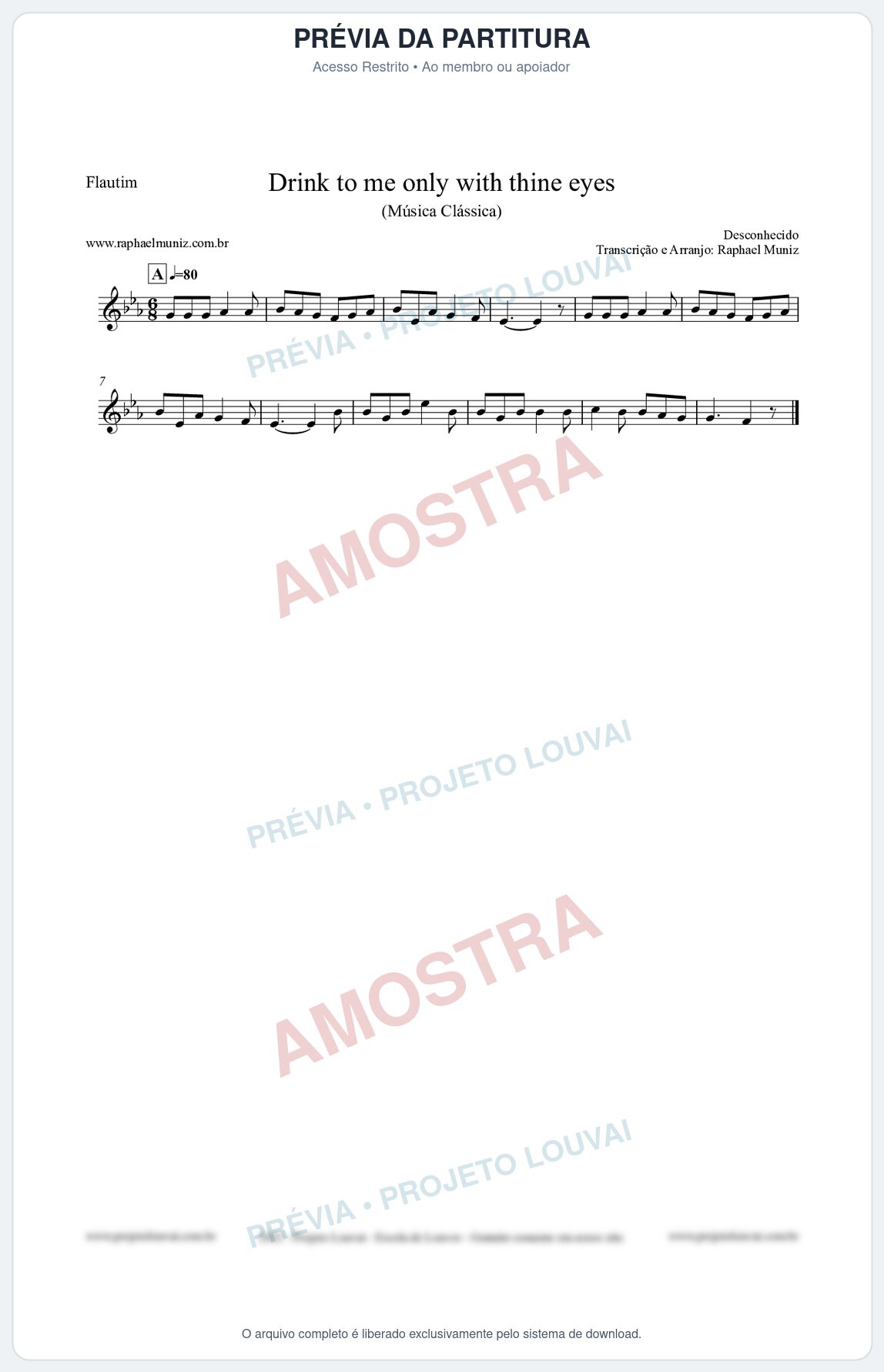 Prévia protegida da primeira página da partitura Partitura para Flautim - Drink to me only with thine eyes - Música Clássica