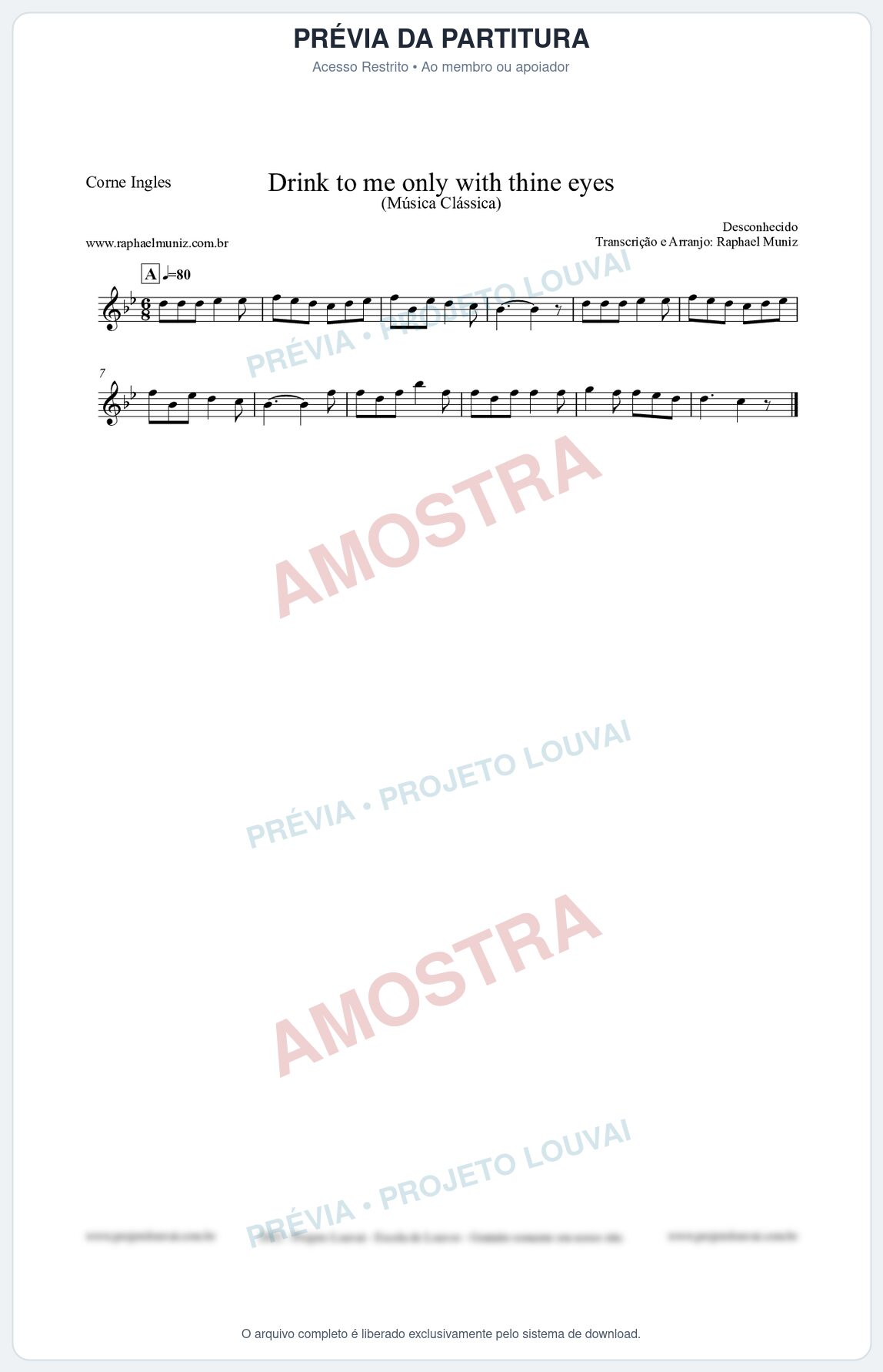 Prévia protegida da primeira página da partitura Partitura para Corne Inglês - Drink to me only with thine eyes - Música Clássica
