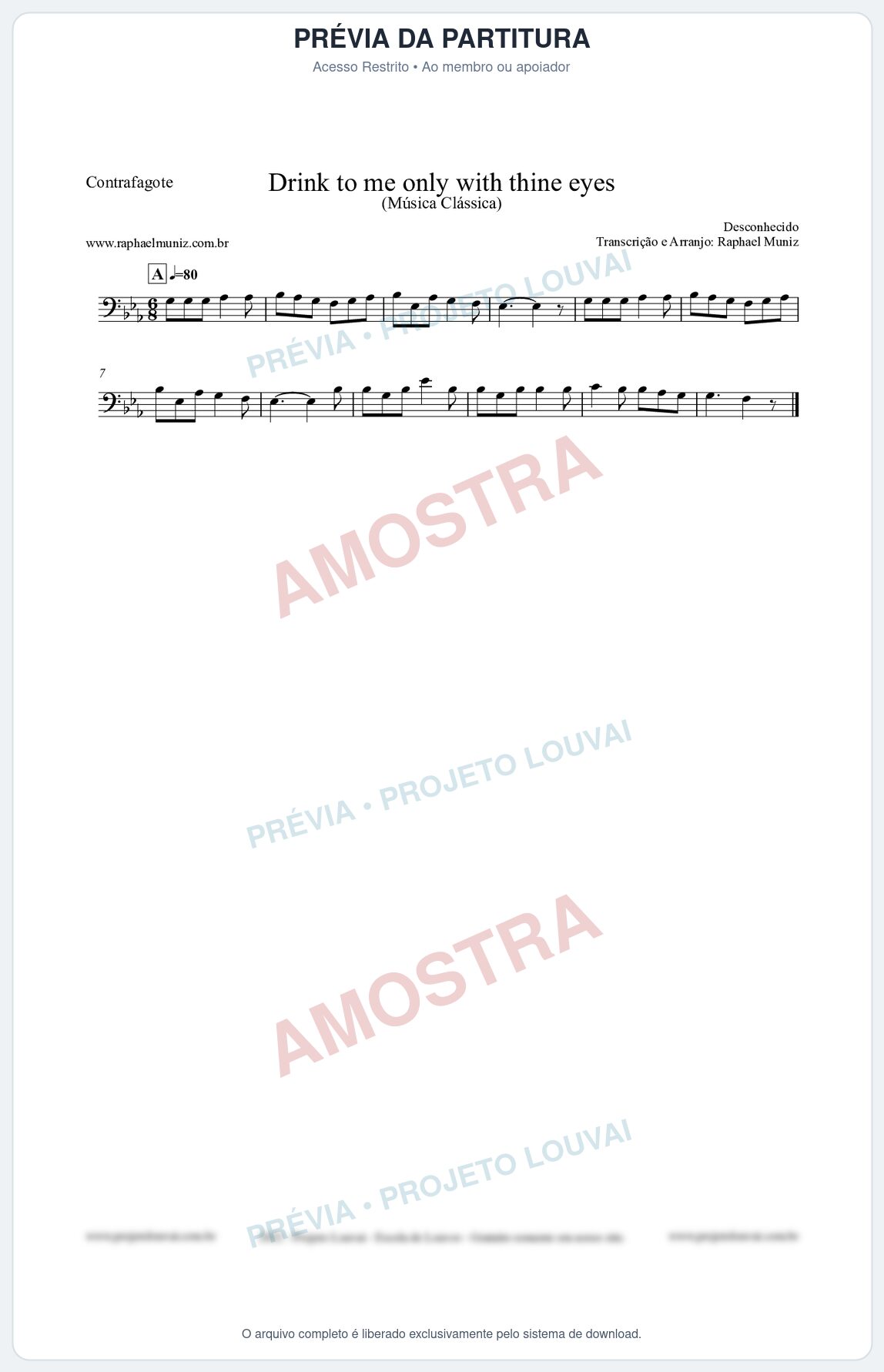 Prévia protegida da primeira página da partitura Partitura para Contrafagote - Drink to me only with thine eyes - Música Clássica