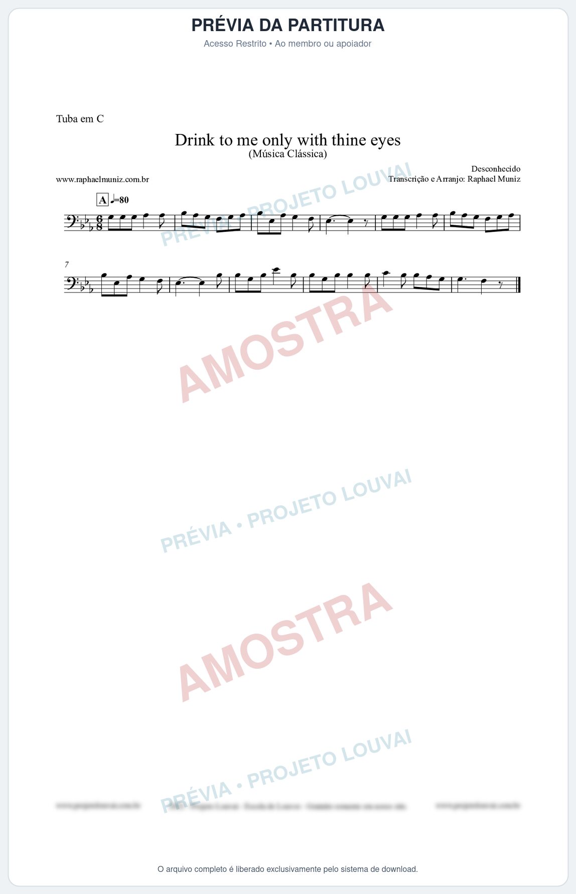 Prévia protegida da primeira página da partitura Partitura para Tuba em C - Drink to me only with thine eyes - Música Clássica