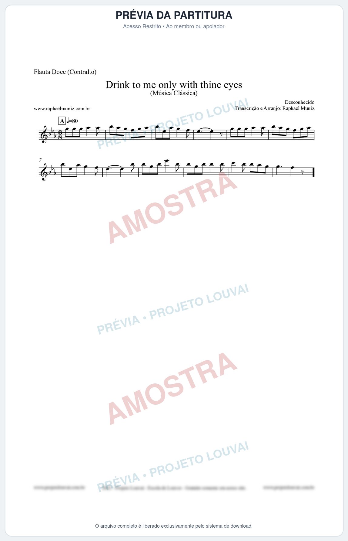 Prévia protegida da primeira página da partitura Partitura para Flauta Doce (Contralto) - Drink to me only with thine eyes - Música Clássica