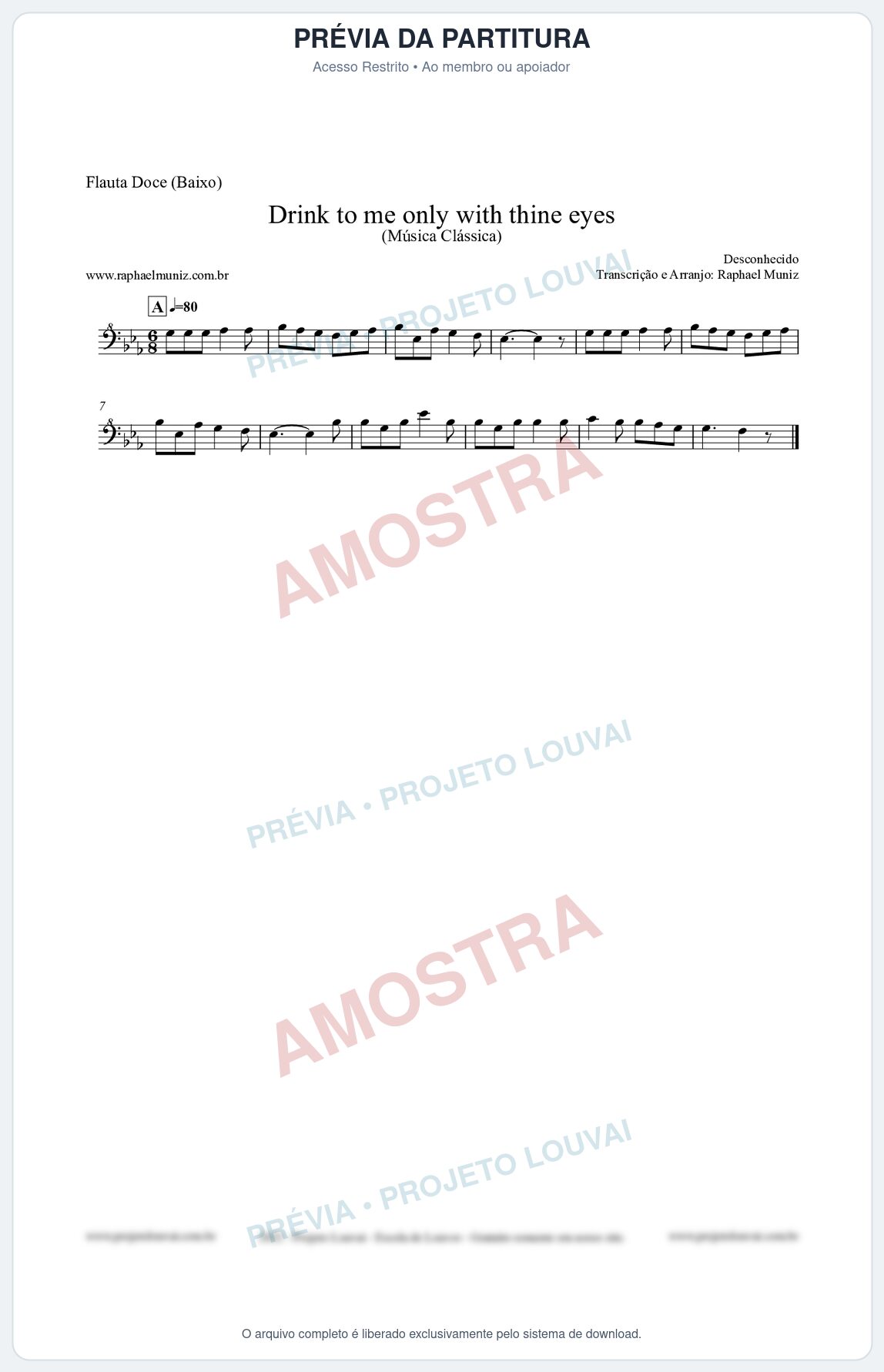 Prévia protegida da primeira página da partitura Partitura para Flauta Doce (Baixo) - Drink to me only with thine eyes - Música Clássica